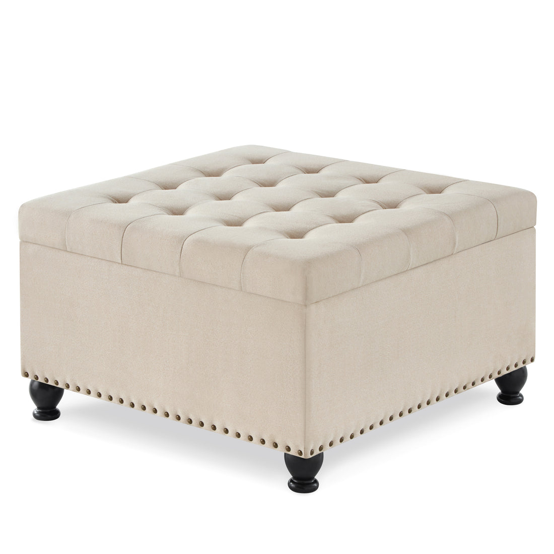 Large Square Storage Ottoman With Wooden Legs, Upholstered Button Tufted Coffee Table With Nail Trims For Living Space,Beige Espresso Wood Primary Living Space Black Solid Rubberwood Wood With Storage Beige Linen Linen Or Linen Blend Backless Medium Soft