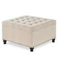 Large Square Storage Ottoman With Wooden Legs, Upholstered Button Tufted Coffee Table With Nail Trims For Living Space,Beige Espresso Wood Primary Living Space Black Solid Rubberwood Wood With Storage Beige Linen Linen Or Linen Blend Backless Medium Soft