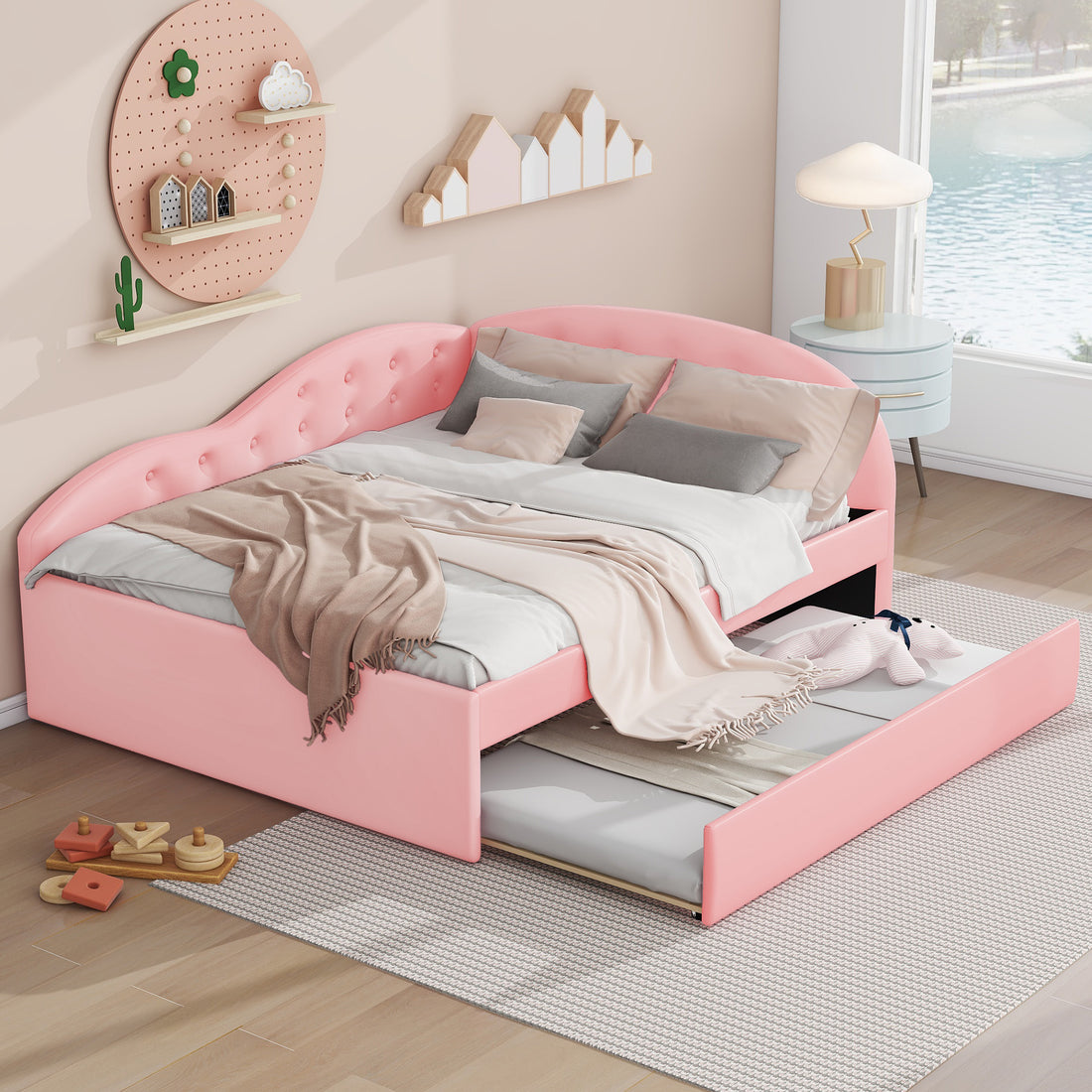 Full Size Pu Upholstered Tufted Daybed With Trundle And Cloud Shaped Guardrail, Pink Box Spring Not Required Full Pink Wood Daybeds Faux Leather Upholstered