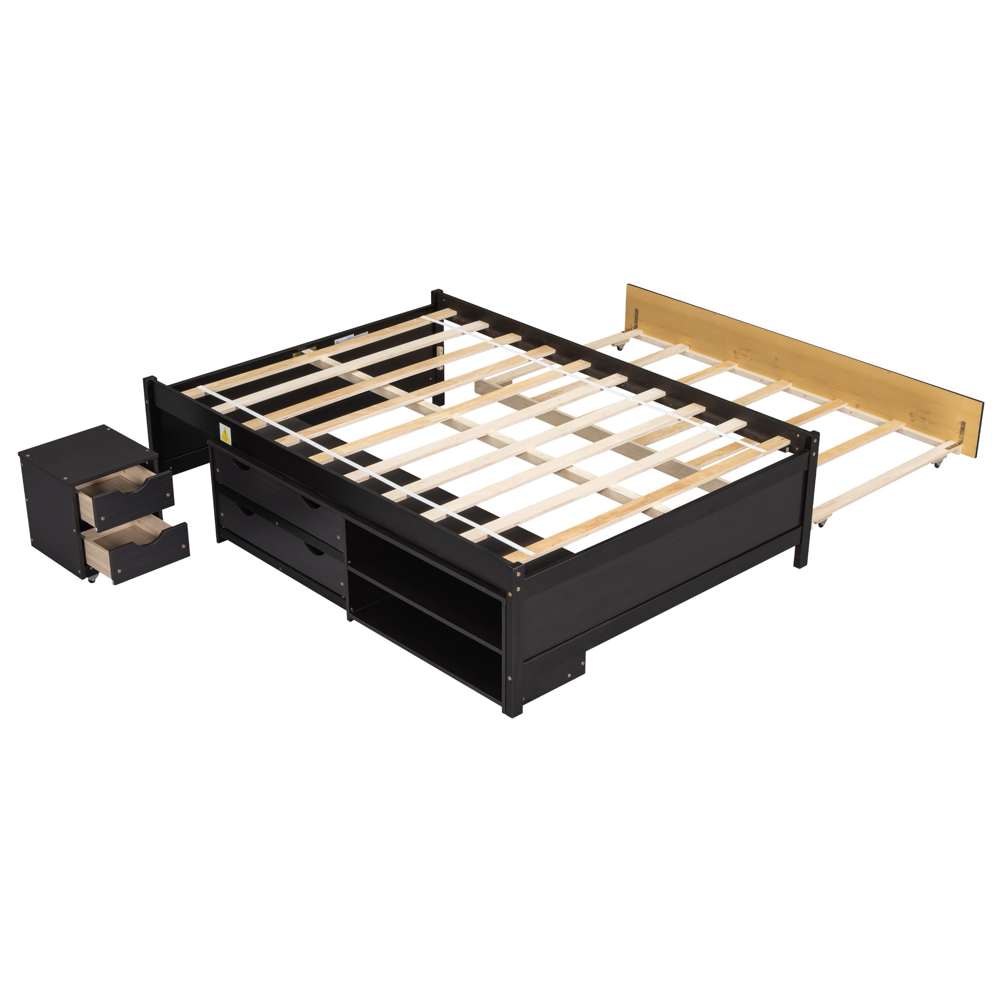 Versatile Full Bed With Trundle,Under Bed Storage Box And Nightstand .Espresso Full Espresso Pine