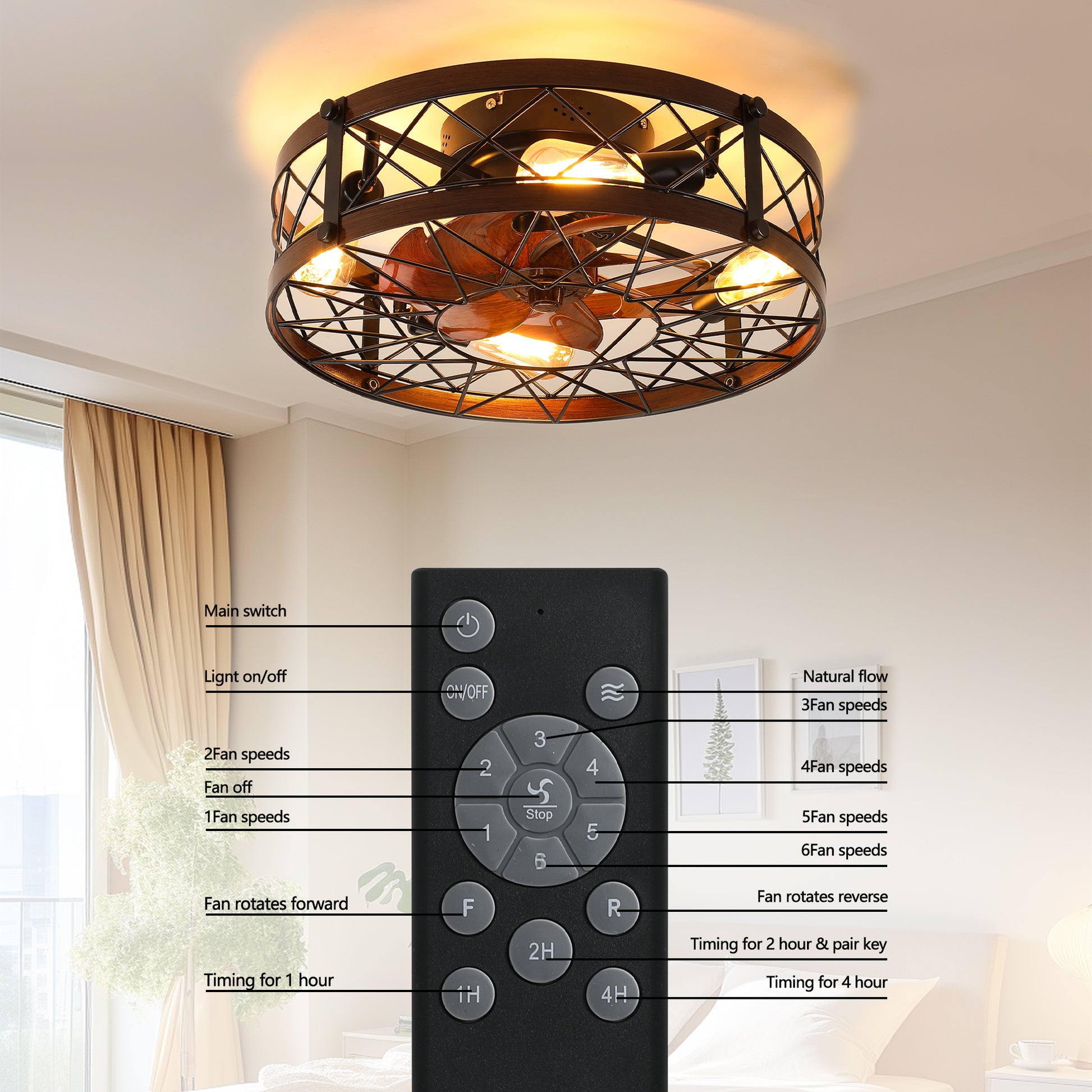 Caged Ceiling Fans With Lights Black, 20 Inch Flush Mount Ceiling Fan Light, Farmhouse Small Ceiling Fan With Light Fixture, Reversible Fan For Bedroom, Office, Kitchen E26 Bulbs Included Black Abs Iron