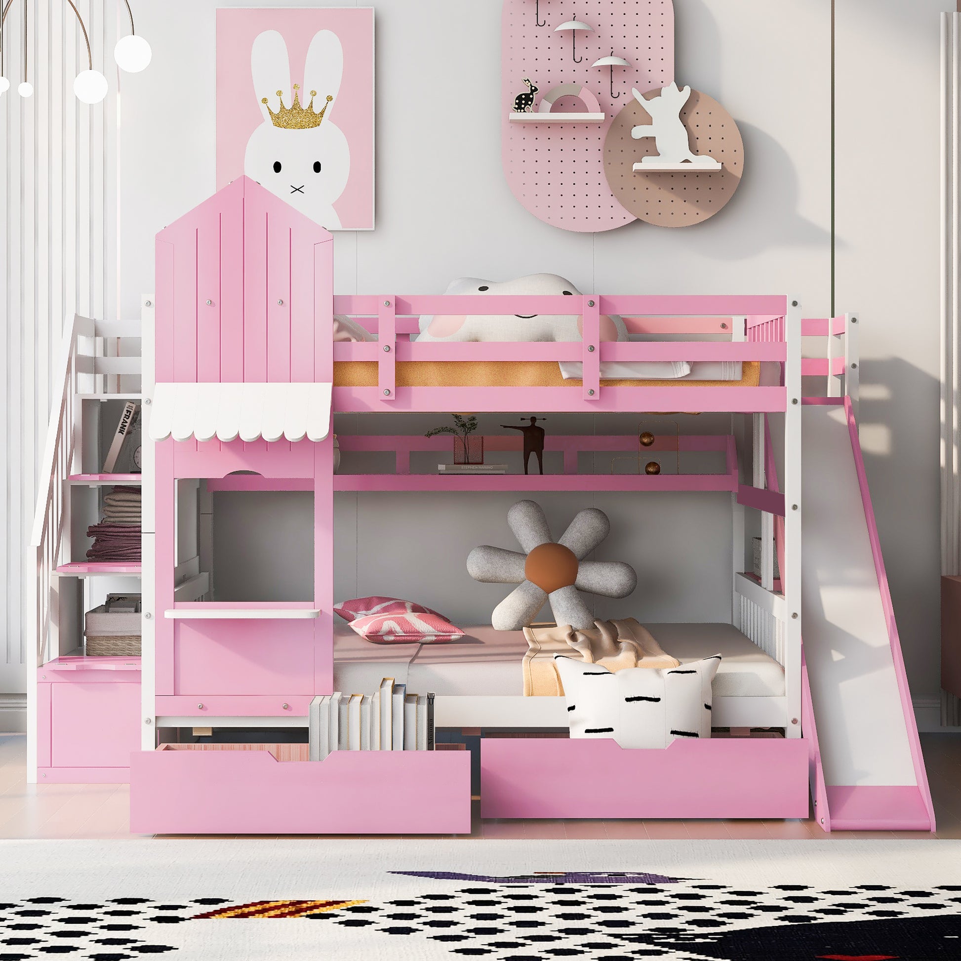 Full Over Full Castle Style Bunk Bed With 2 Drawers 3 Shelves And Slide Pink Pink Solid Wood