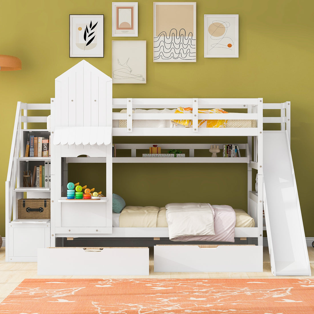 Twin Over Twin Castle Style Bunk Bed With 2 Drawers 3 Shelves And Slide White White Solid Wood