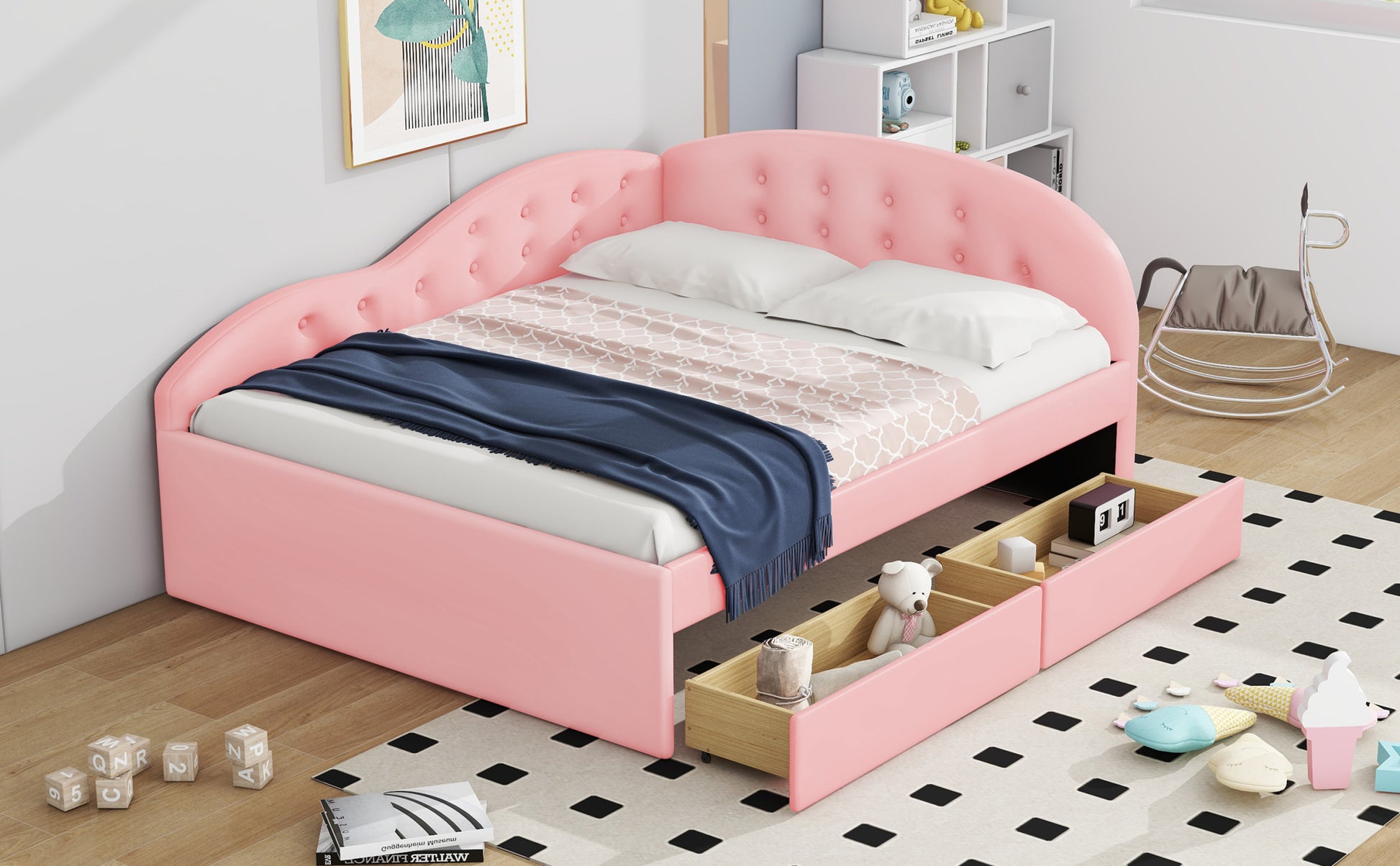 Full Size Pu Upholstered Tufted Daybed With Two Drawers And Cloud Shaped Guardrail, Pink Box Spring Not Required Full Pink Wood Faux Leather Upholstered