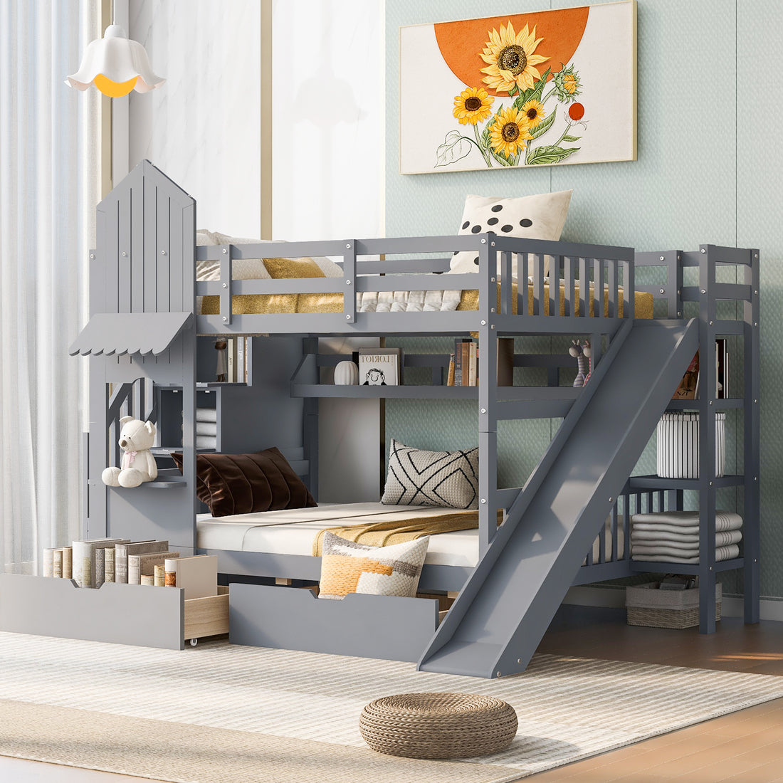 Full Over Full Castle Style Bunk Bed With 2 Drawers 3 Shelves And Slide Gray Gray Solid Wood