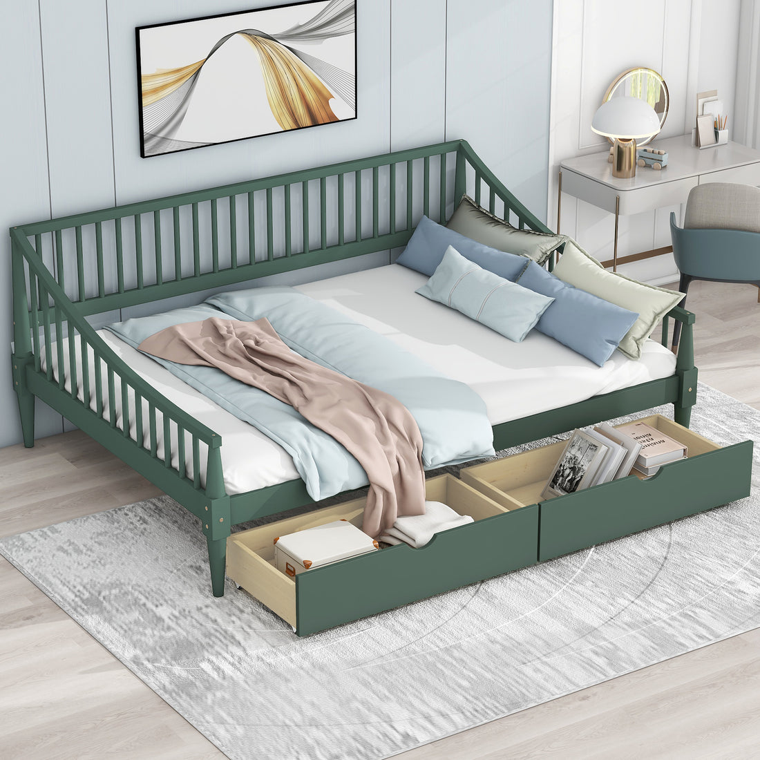 Full Size Daybed With Two Storage Drawers And Support Legs, Green Green Solid Wood Mdf