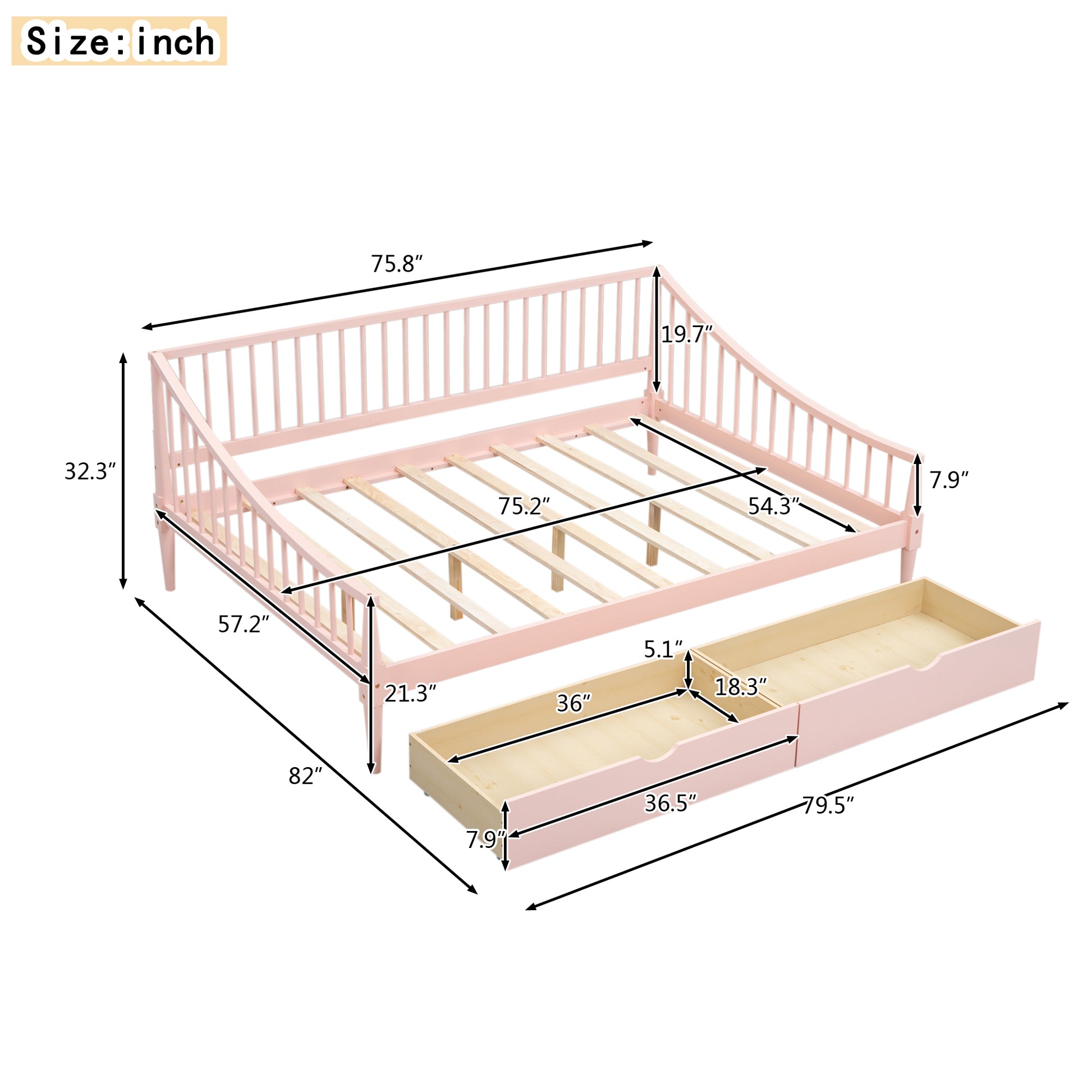 Full Size Daybed With Two Storage Drawers And Support Legs, Pink Pink Solid Wood Mdf