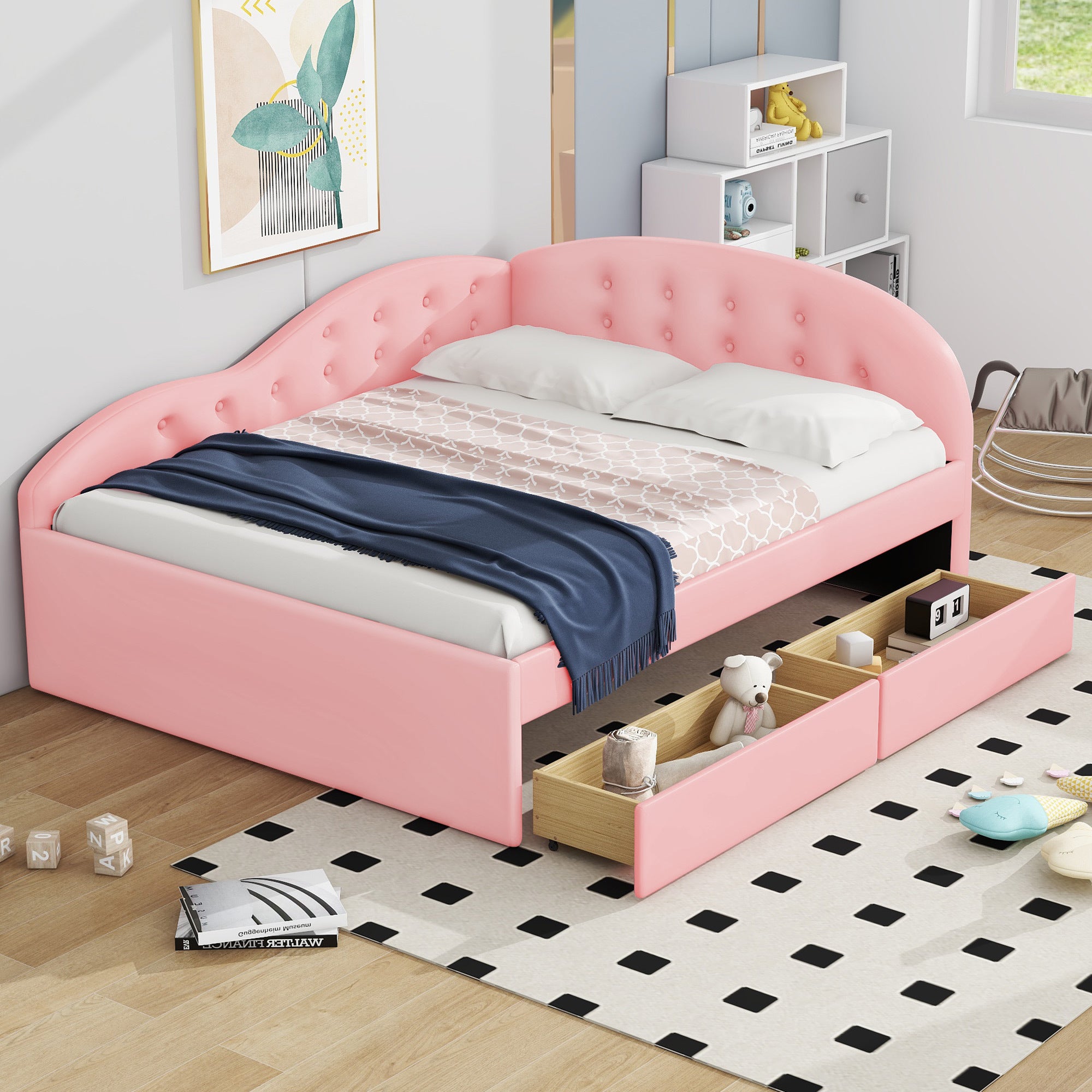 Full Size Pu Upholstered Tufted Daybed With Two Drawers And Cloud Shaped Guardrail, Pink Box Spring Not Required Full Pink Wood Faux Leather Upholstered