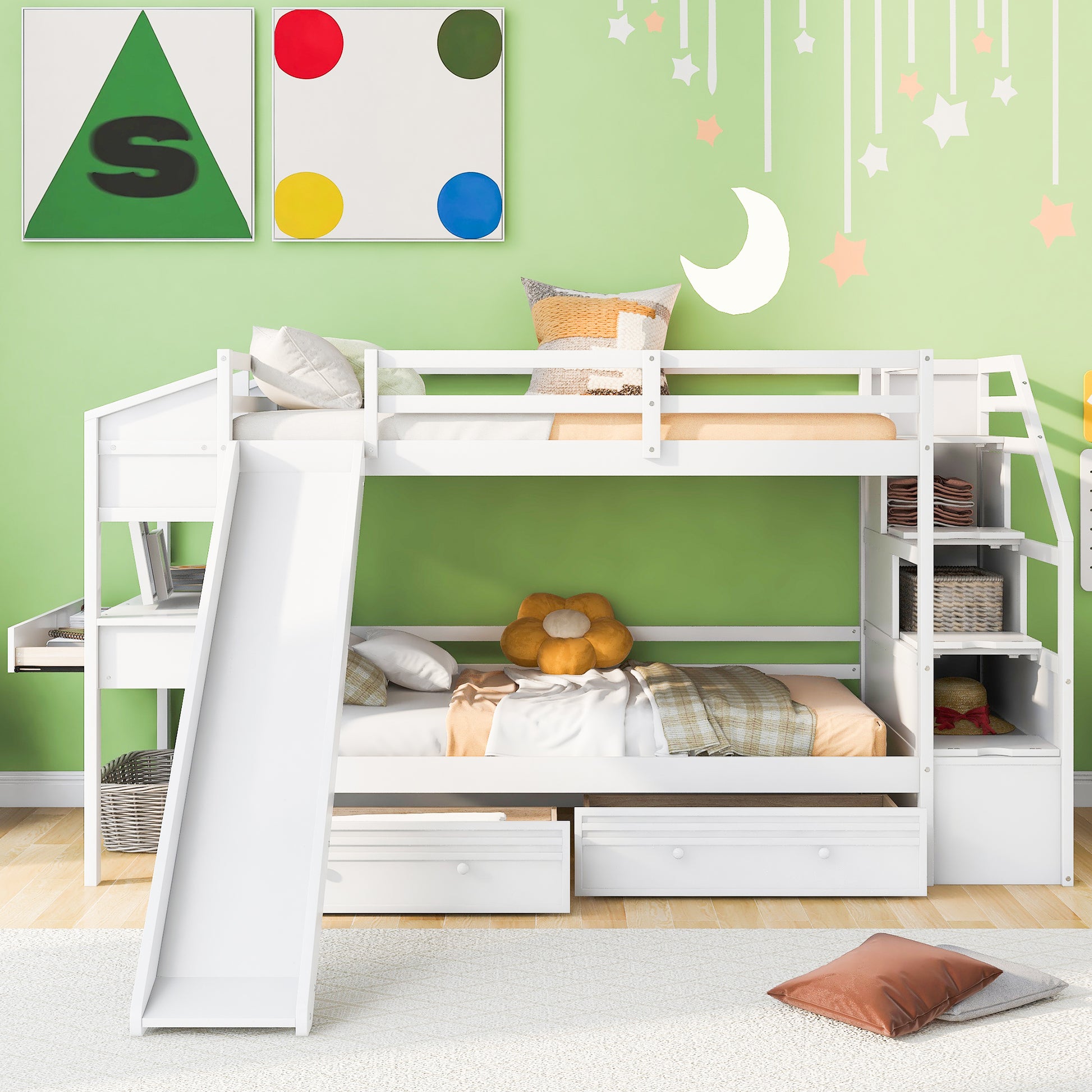 Twin Over Twin Bunk Bed With Storage Staircase, Slide And Drawers, Desk With Drawers And Shelves, White Box Spring Not Required Twin White Wood Bedroom Bunk Pine