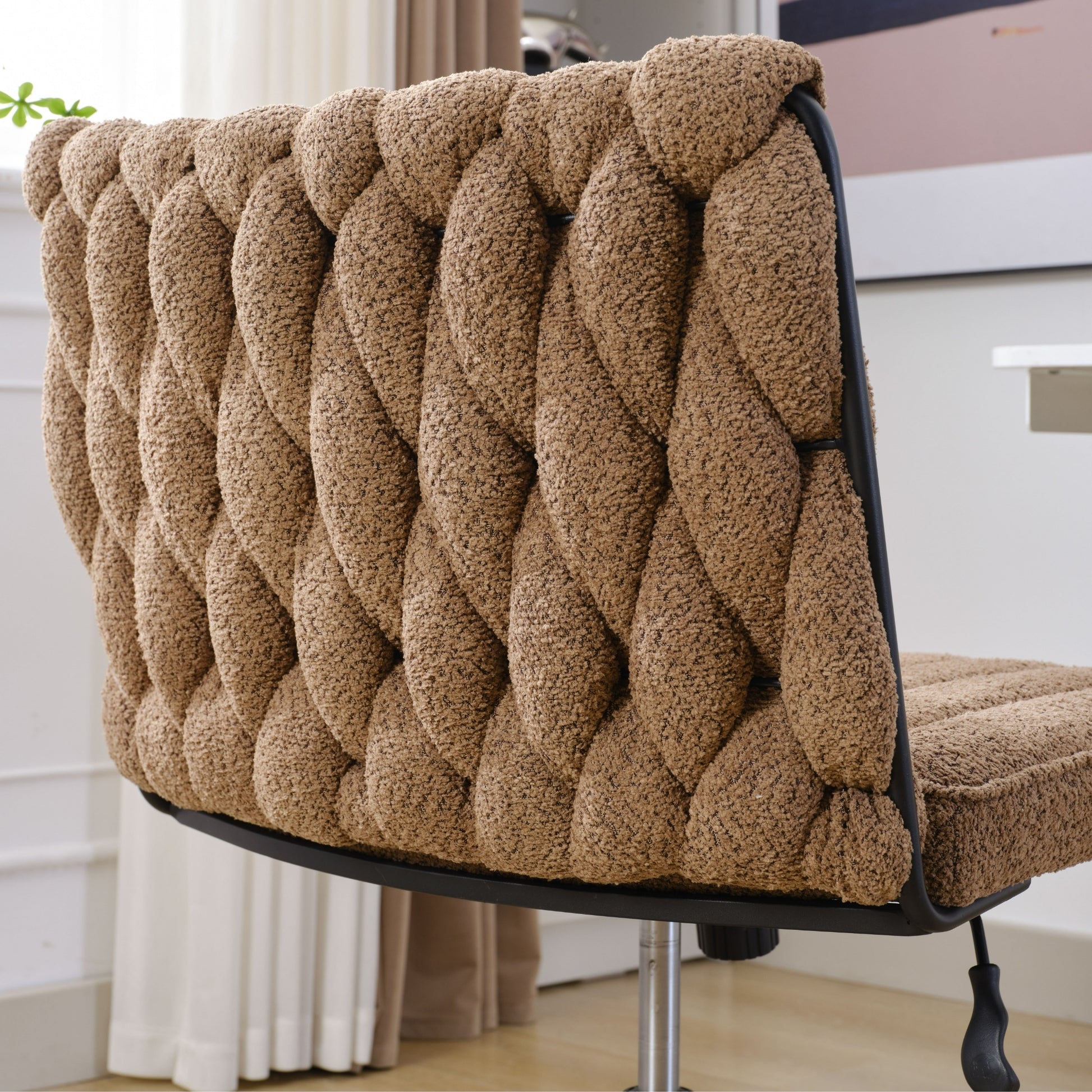 Armless Office Desk Chair No Wheels, Brown Brown Foam Polyester Blend
