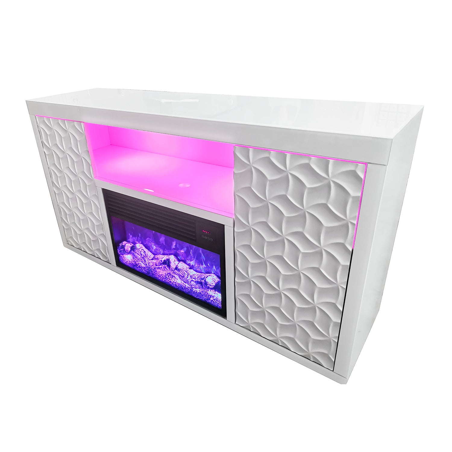 Timeless White Electric Fireplace With Led Panel, Speakers, And Remote White Resin Mdf Metal