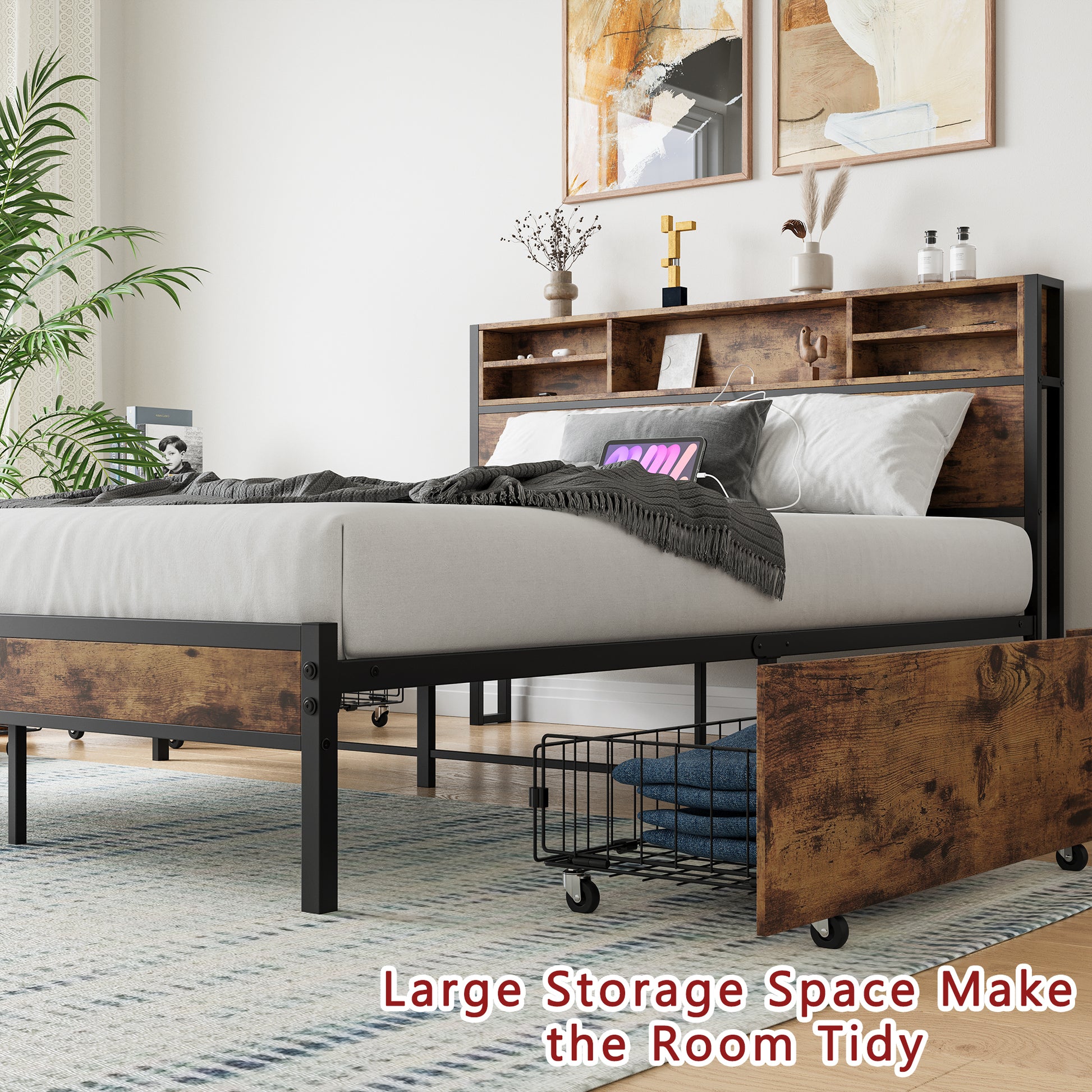 Queen Bed Frame With Storage Headboard And 4 Drawers Box Spring Not Required Queen Black Metal Bedroom Bed Frame Metal & Wood