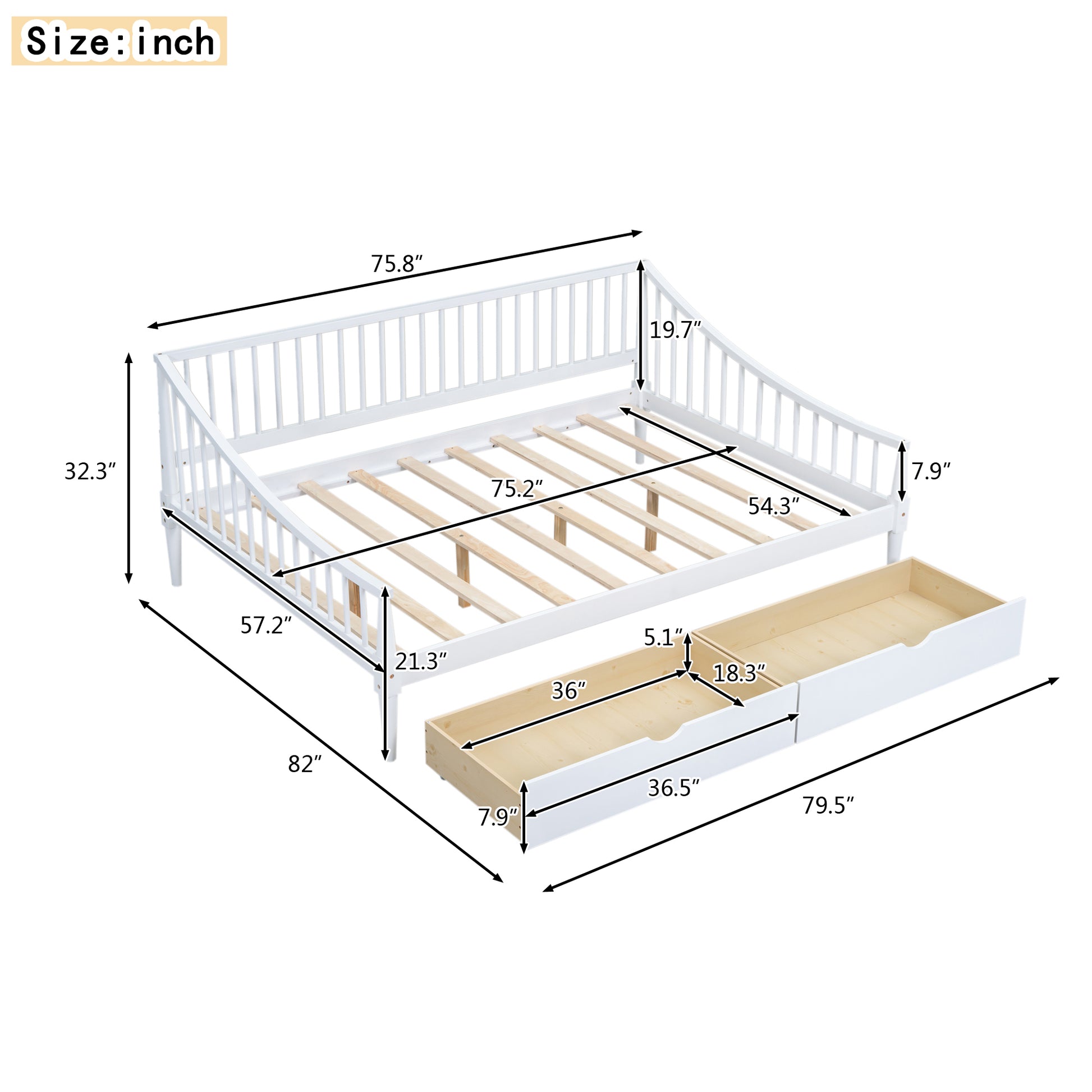 Full Size Daybed With Two Storage Drawers And Support Legs, White White Solid Wood Mdf