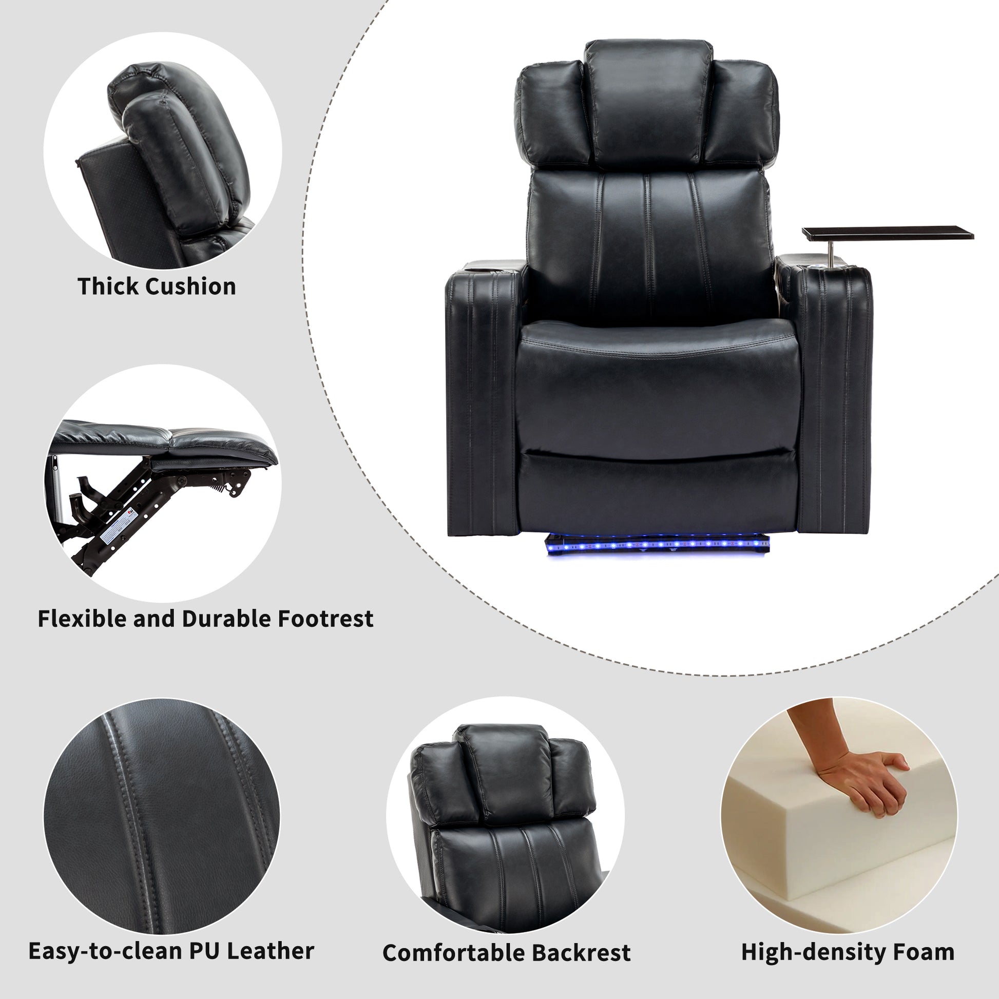 Pu Leather Power Recliner Individual Seat Home Theater Recliner With Cooling Cup Holder, Bluetooth Speaker, Led Lights, Usb Ports, Tray Table, Arm Storage For Living Room, Black Black Foam Pu