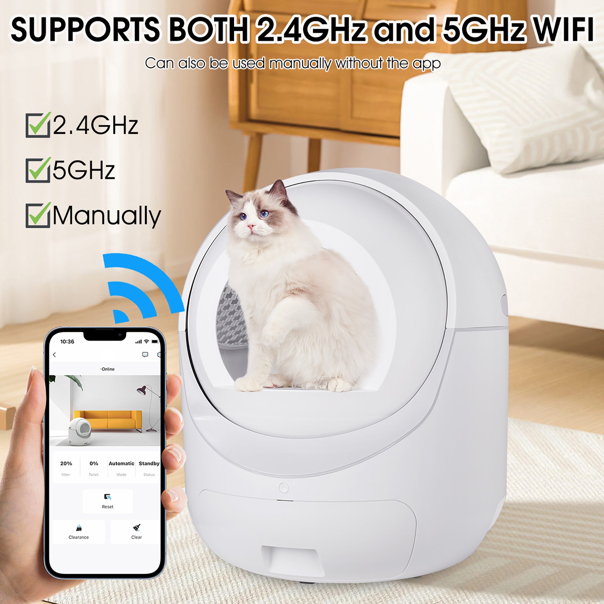 Smart Automatic Cat Litter Box,Automatic Scooping And Odor Removal, App Control, Support 5G&2.4G Wifi For Multiple Cats, Double Odor Removal White Abs