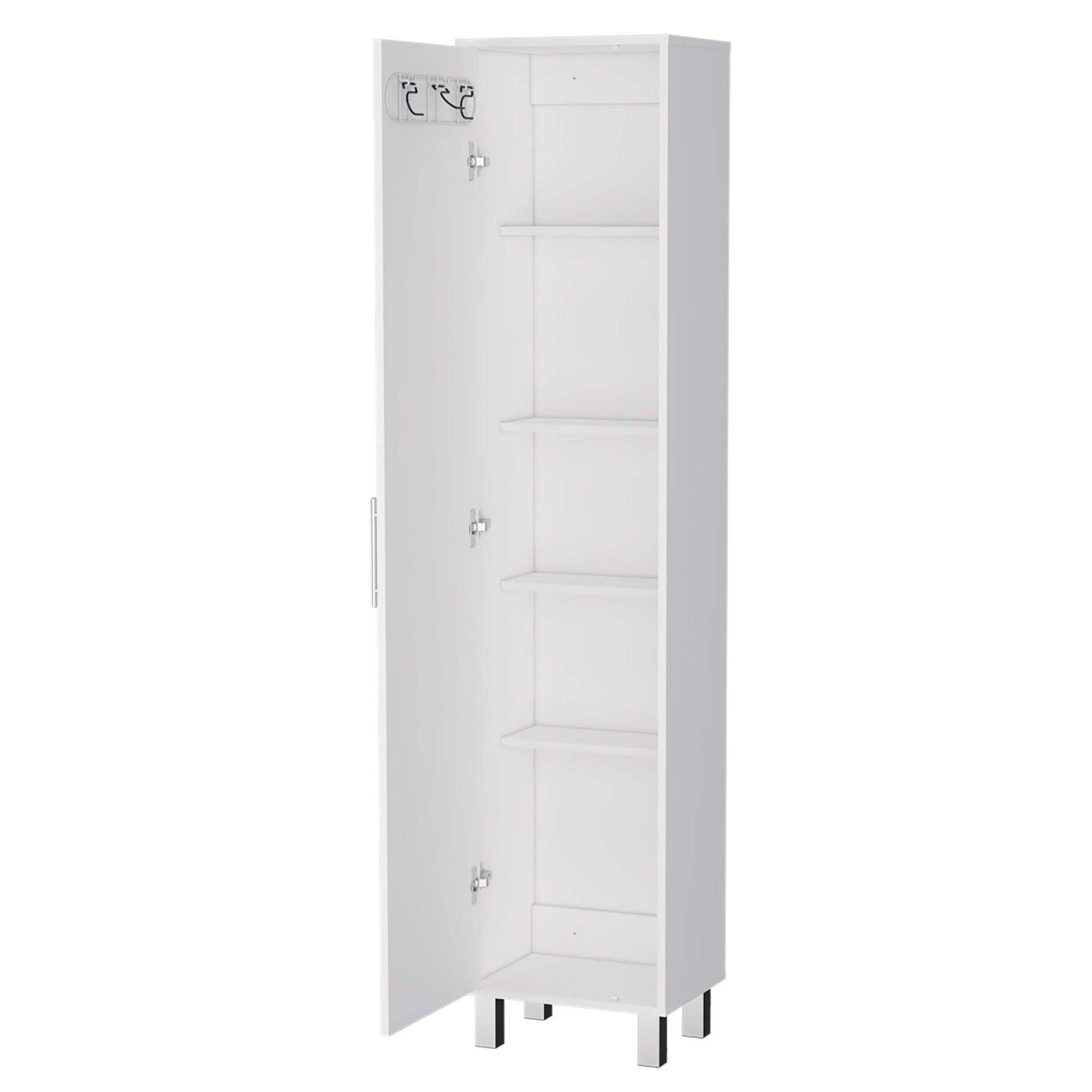 Lawen Tall Storage Cabinet, Single Door, 3 Broom Hangers White Mdf Engineered Wood