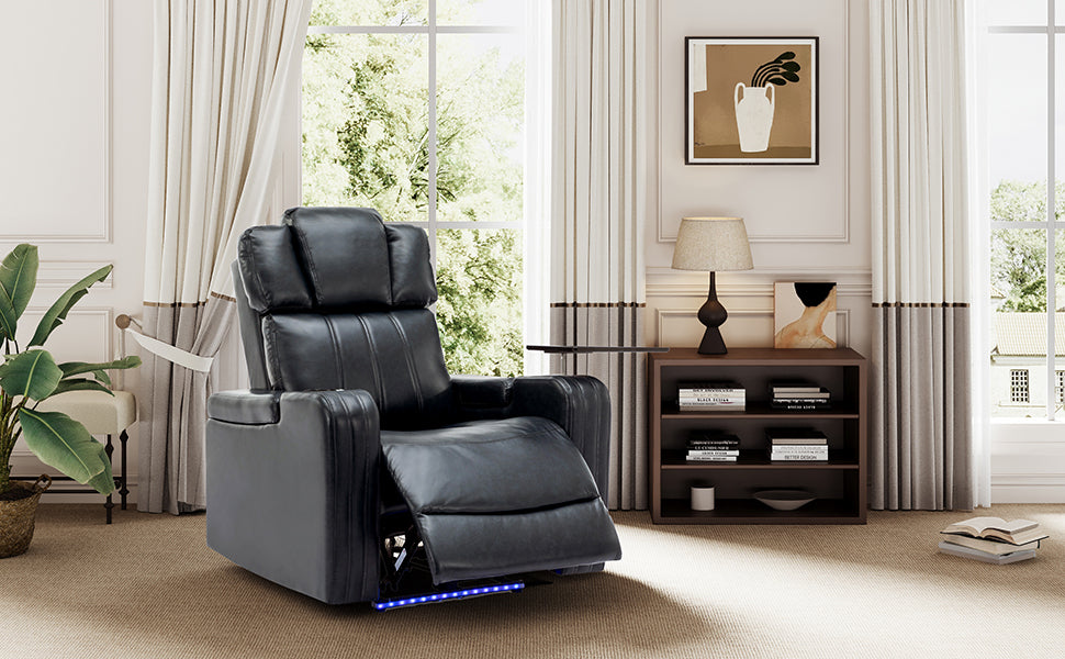 Pu Leather Power Recliner Individual Seat Home Theater Recliner With Cooling Cup Holder, Bluetooth Speaker, Led Lights, Usb Ports, Tray Table, Arm Storage For Living Room, Black Black Foam Pu