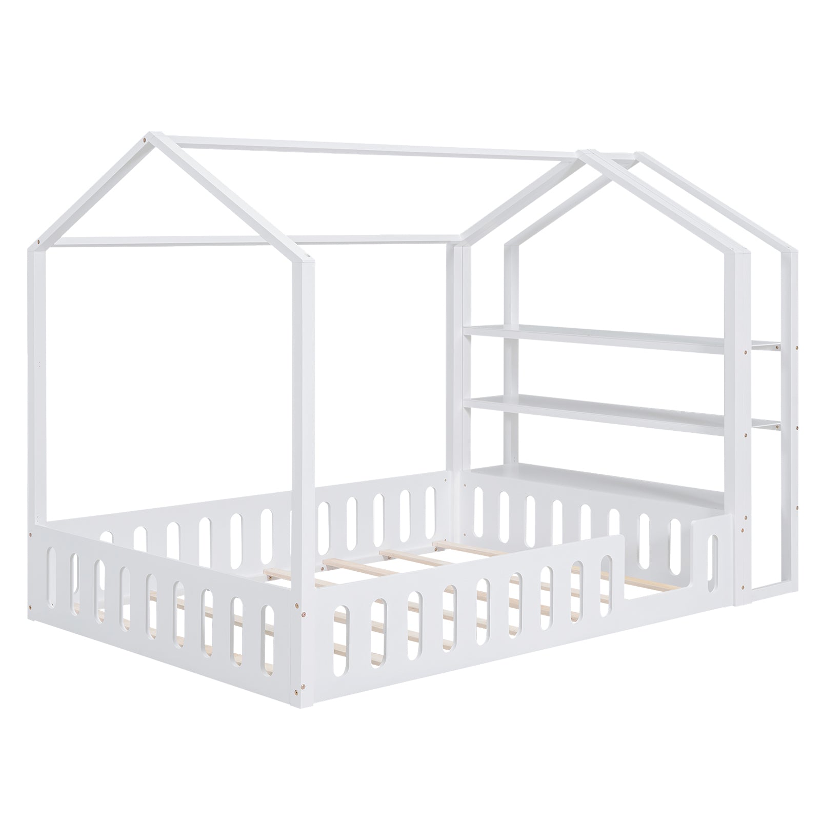 Full Size Wood House Bed With Fence And Detachable Storage Shelves, White Box Spring Not Required Full White Wood Bedroom Bed Frame Solid Wood Mdf