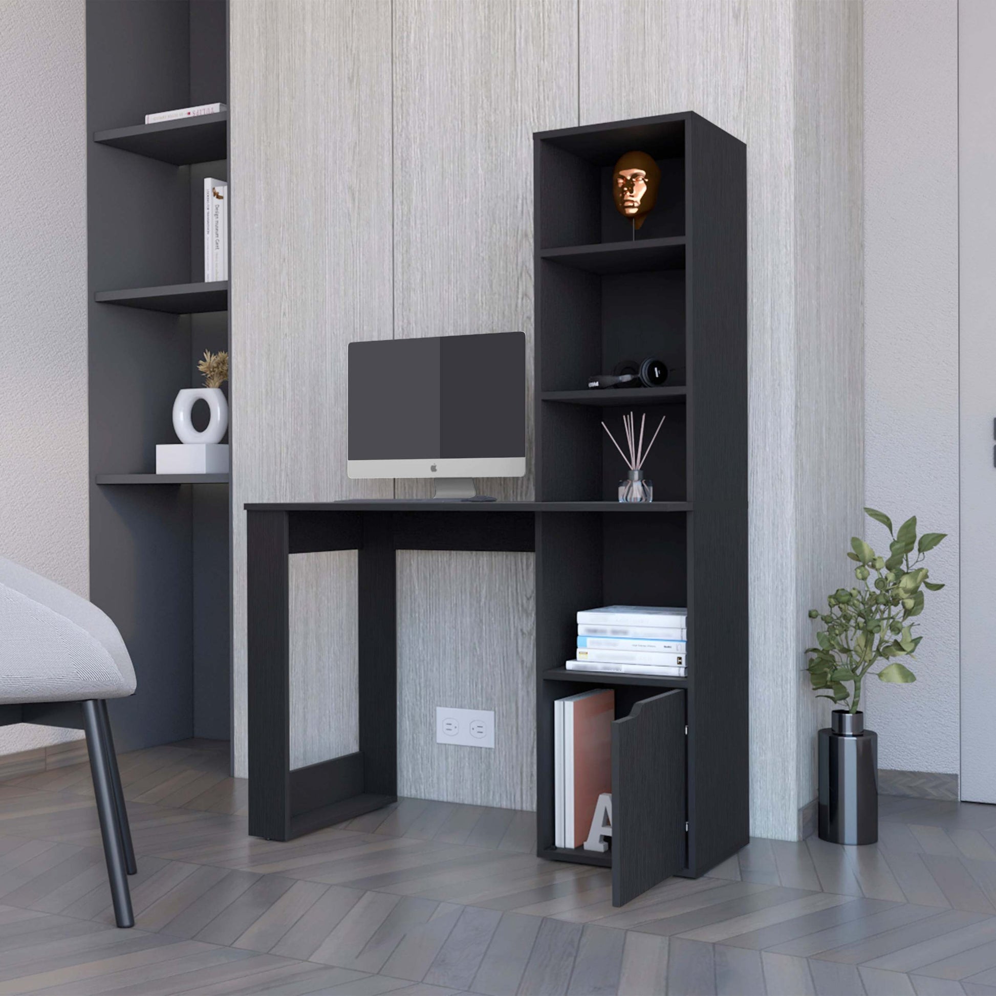 Anson Computer Desk With 4 Tier Bookcase And 1 Door Cabinet White Mdf Engineered Wood