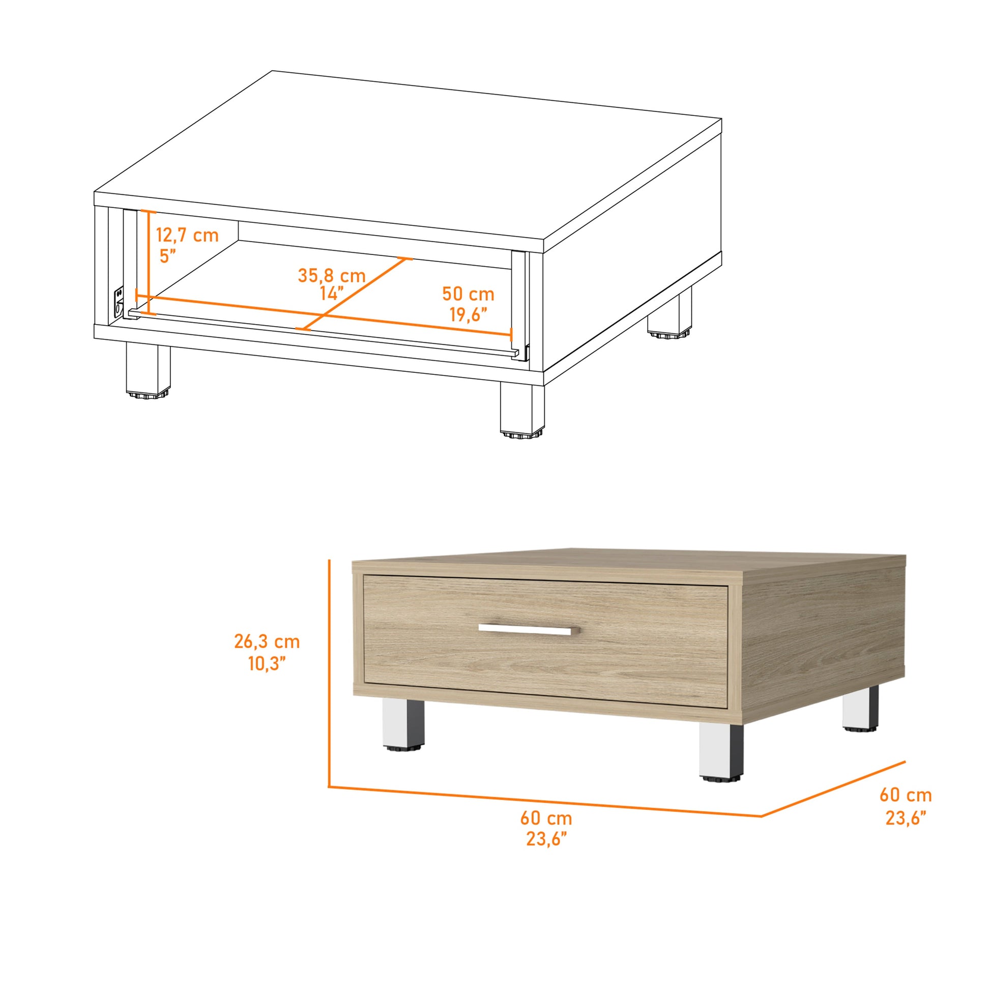 Myers Coffee Table, Four Legs, Superior Top, One Drawer, Metal Handle Beige Mdf Engineered Wood