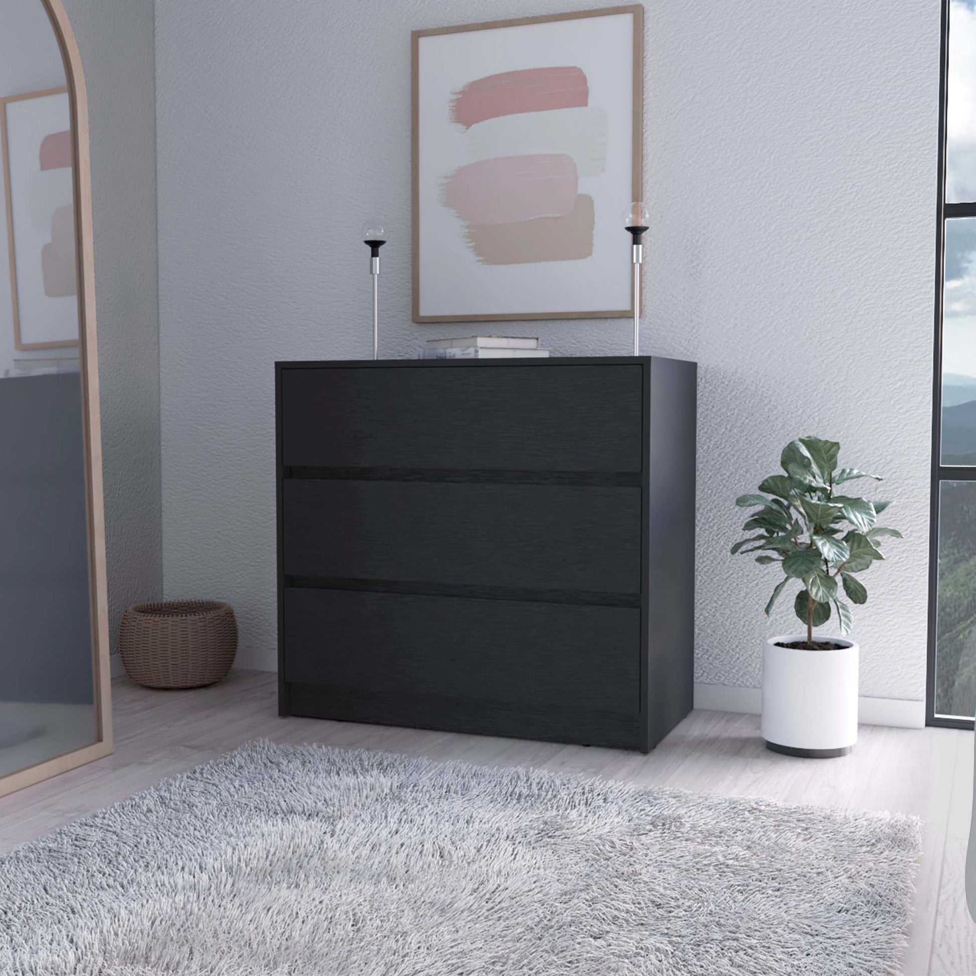 Avra 3 Drawer Dresser, Manufactured Wood Top And Front Chest Of Drawers Black Mdf Engineered Wood