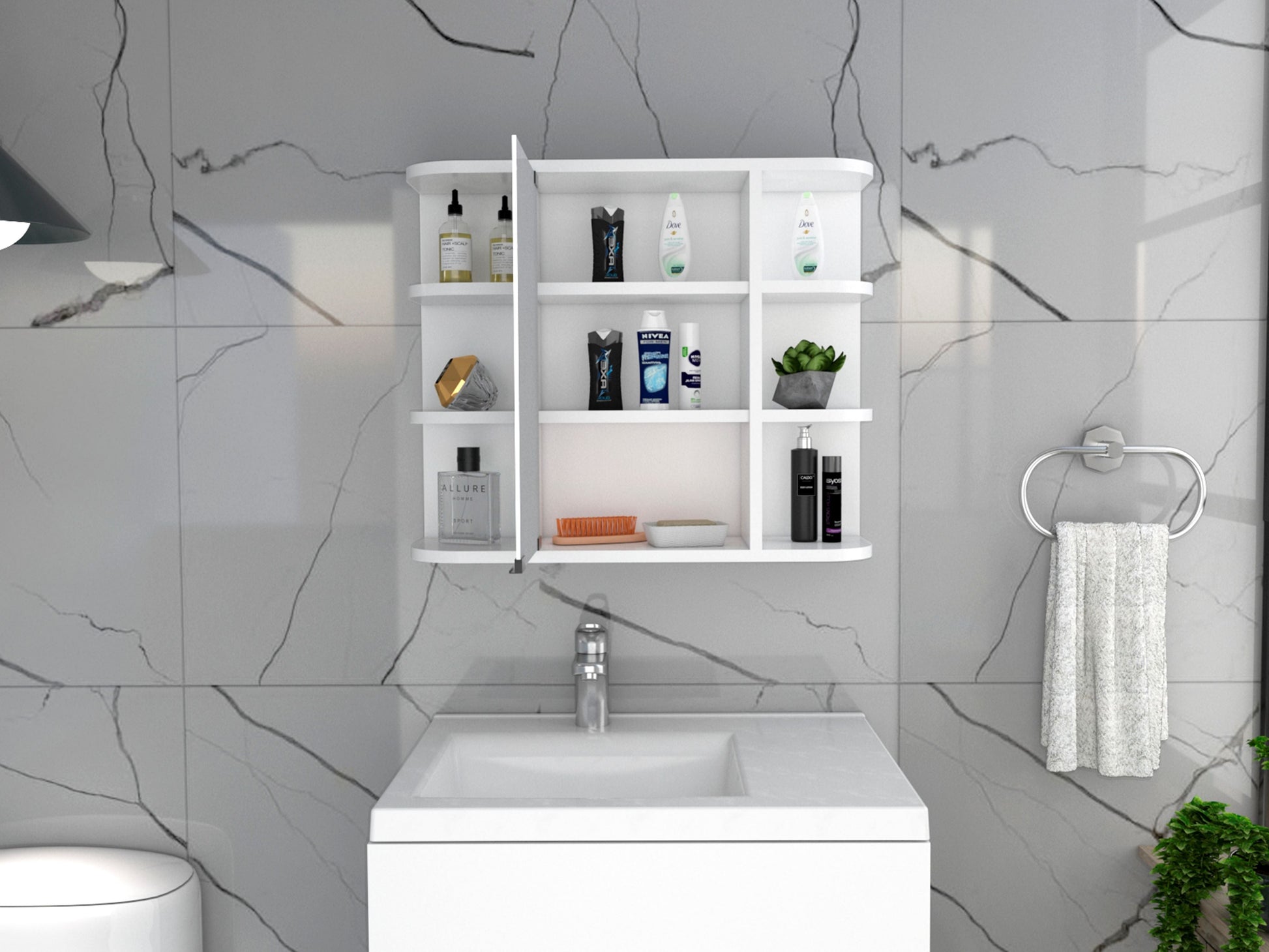 Valdez Medicine Cabinet With Six Shelves, Mirror Cabinet White Mdf Engineered Wood