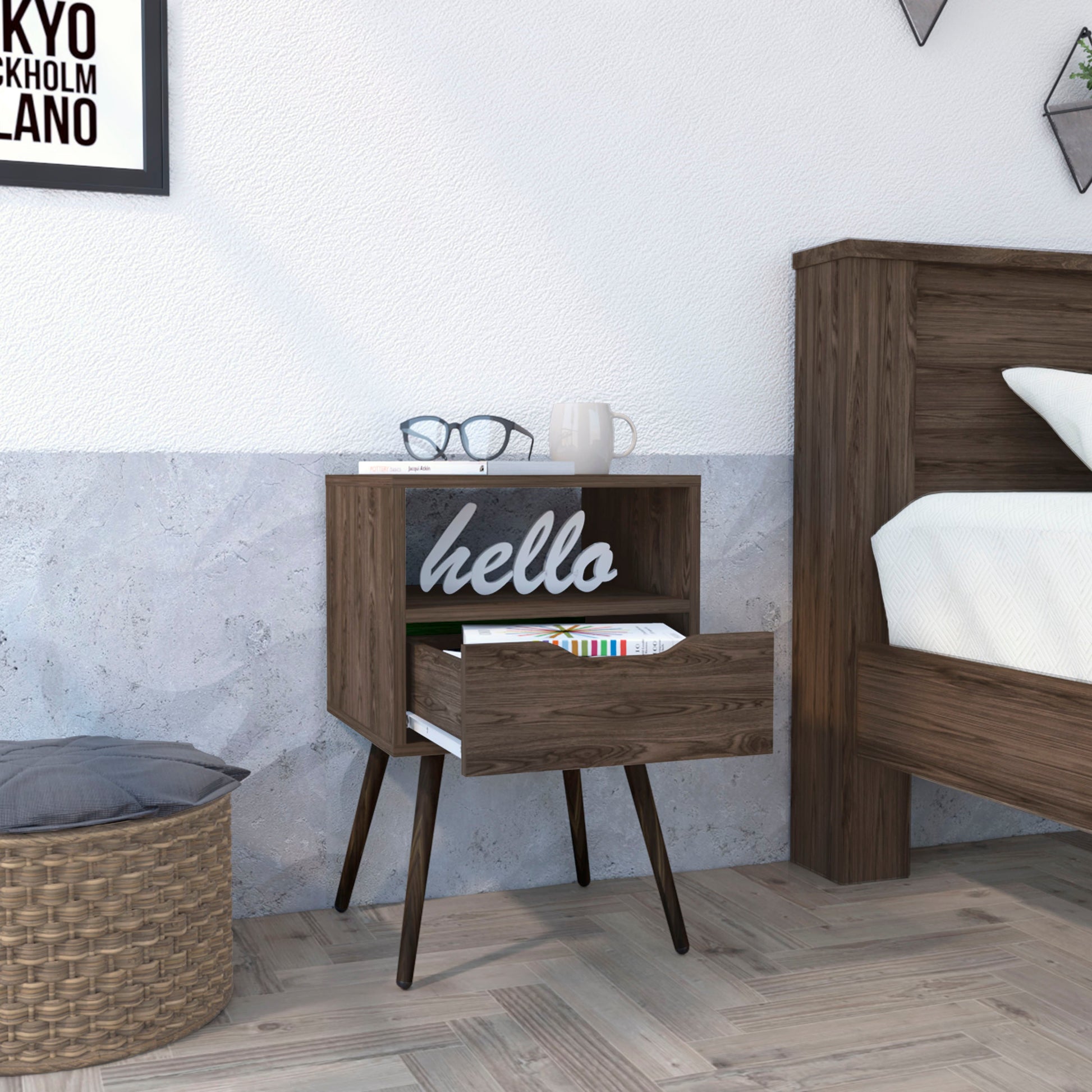 Allie Nightstand, Superior Top, Open Shelf, One Drawer Brown 1 Drawer Bedroom Rectangle Modern Shelf Mdf Engineered Wood