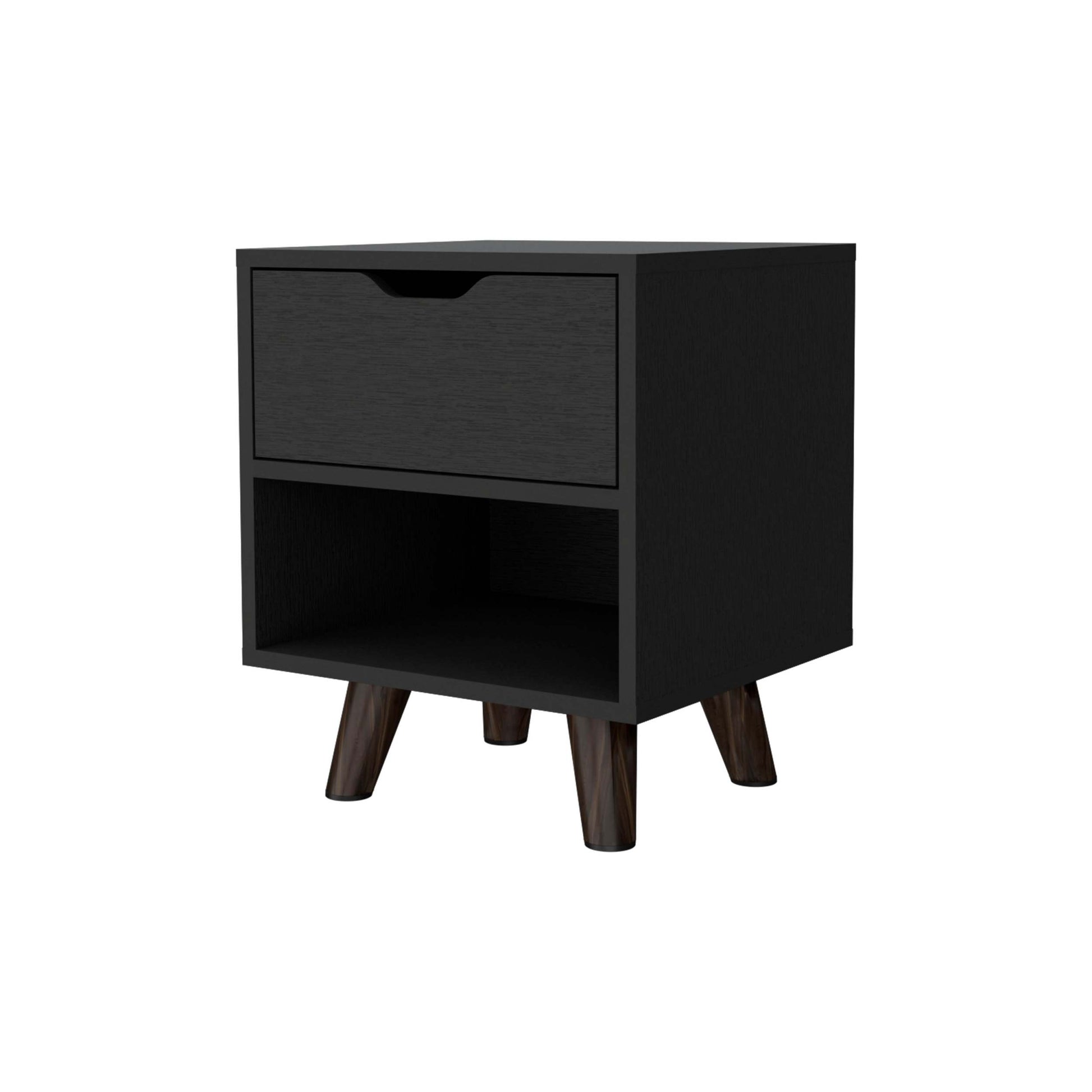 Carthage Nightstand With 1 Drawer, 1 Open Storage Shelf And Wooden Legs Black Mdf Engineered Wood