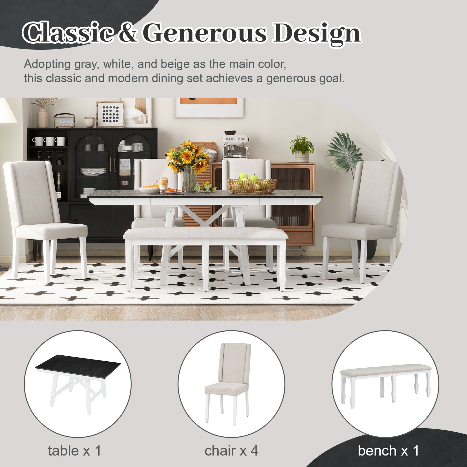6 Piece Classic Dining Table Set, Rectangular Extendable Dining Table With Two 12"W Removable Leaves And 4 Upholstered Chairs & 1 Bench For Dining Room White Black White Black Solid Wood