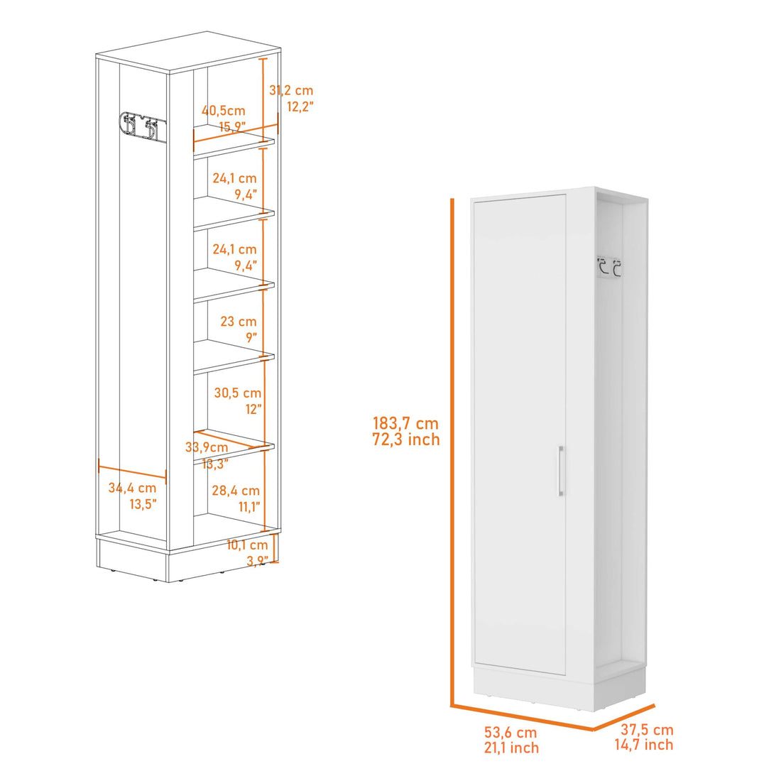 Clarno Tall Storage Cabinet, Single Door With Broom Hangers White Mdf Engineered Wood