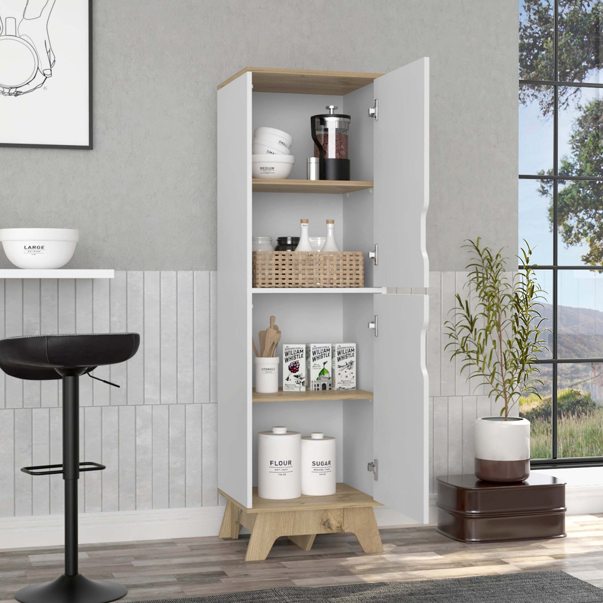 British Single Kitchen Pantry, Four Storage Shelves, Double Doors Cabinets Multicolor Mdf Engineered Wood