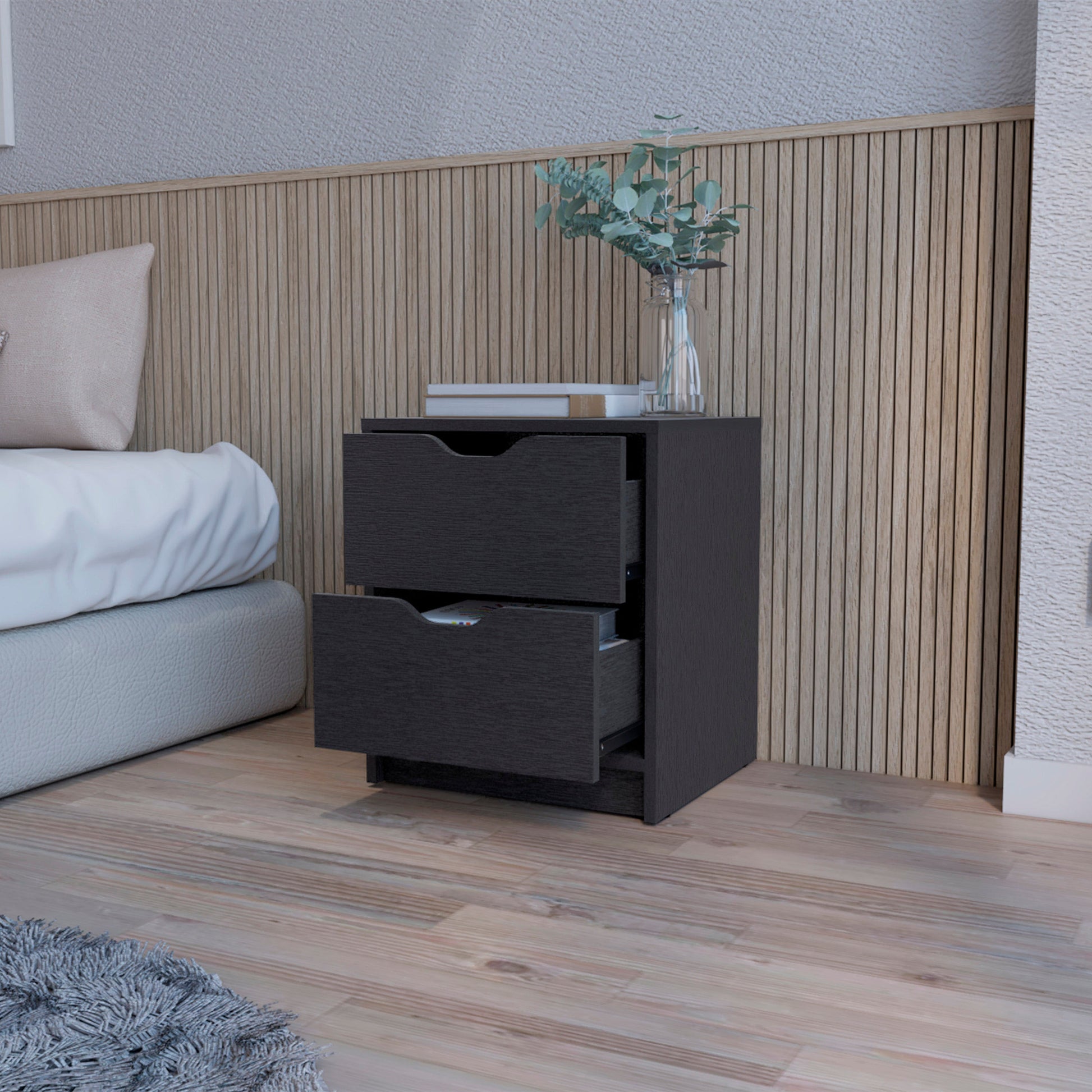 Dillon 2 Drawers Nightstand, Bedside Table With Storage Black 2 Drawers Bedroom Rectangle Modern Shelf Mdf Engineered Wood