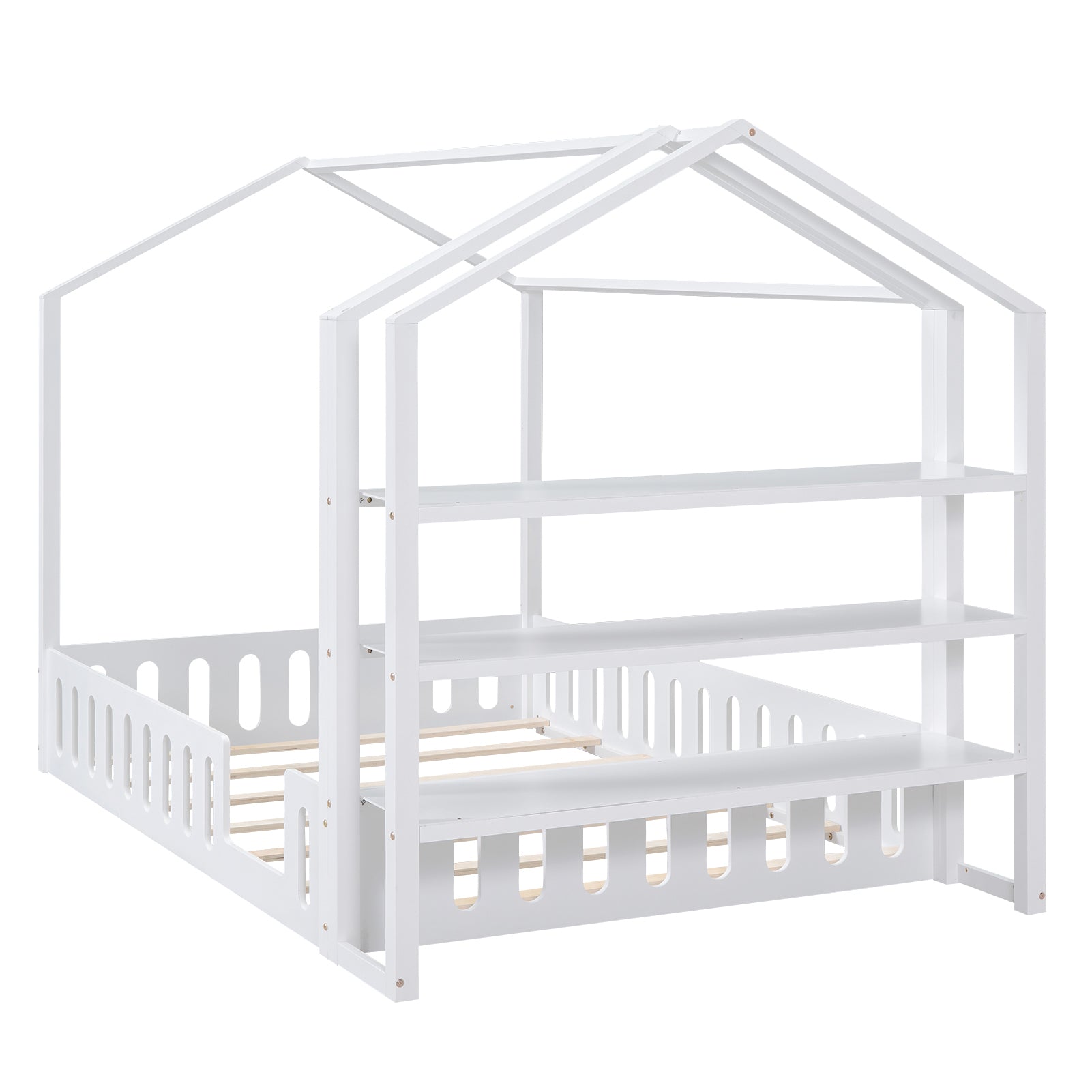Full Size Wood House Bed With Fence And Detachable Storage Shelves, White Box Spring Not Required Full White Wood Bedroom Bed Frame Solid Wood Mdf