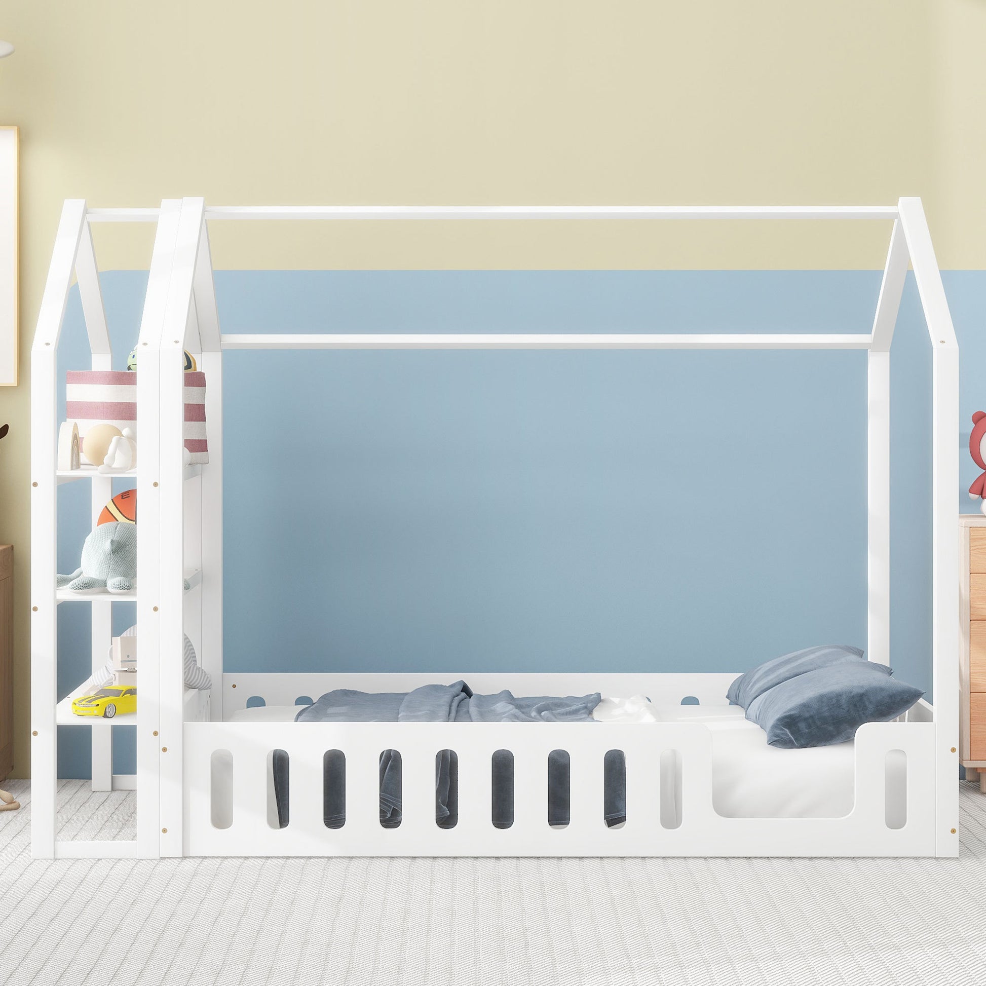 Full Size Wood House Bed With Fence And Detachable Storage Shelves, White Box Spring Not Required Full White Wood Bedroom Bed Frame Solid Wood Mdf