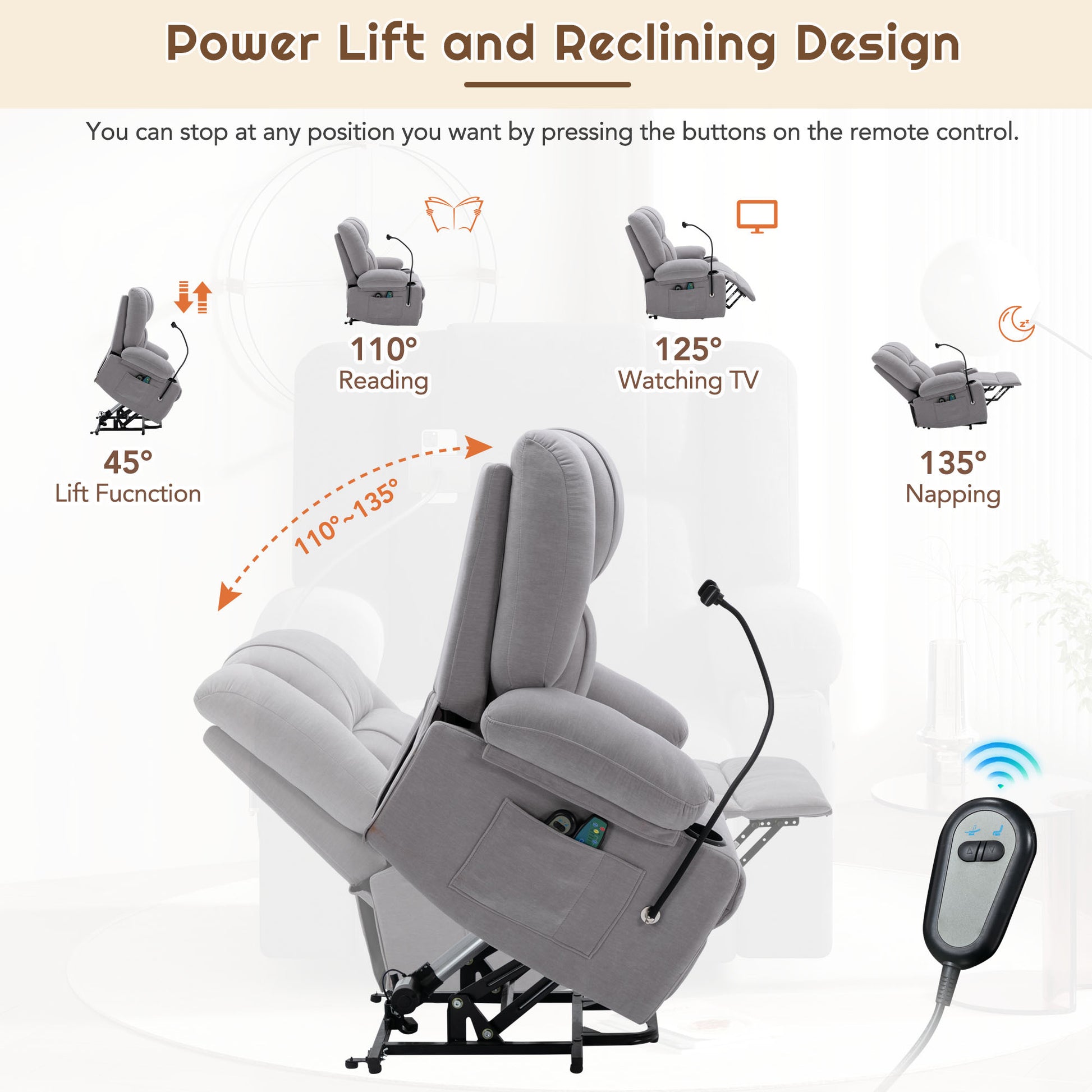 Power Lift Recliner Chair Electric Recliner For Elderly Recliner Chair With Massage And Heating Functions, Remote, Phone Holder Side Pockets And Cup Holders For Living Room, Grey Grey Foam Chenille