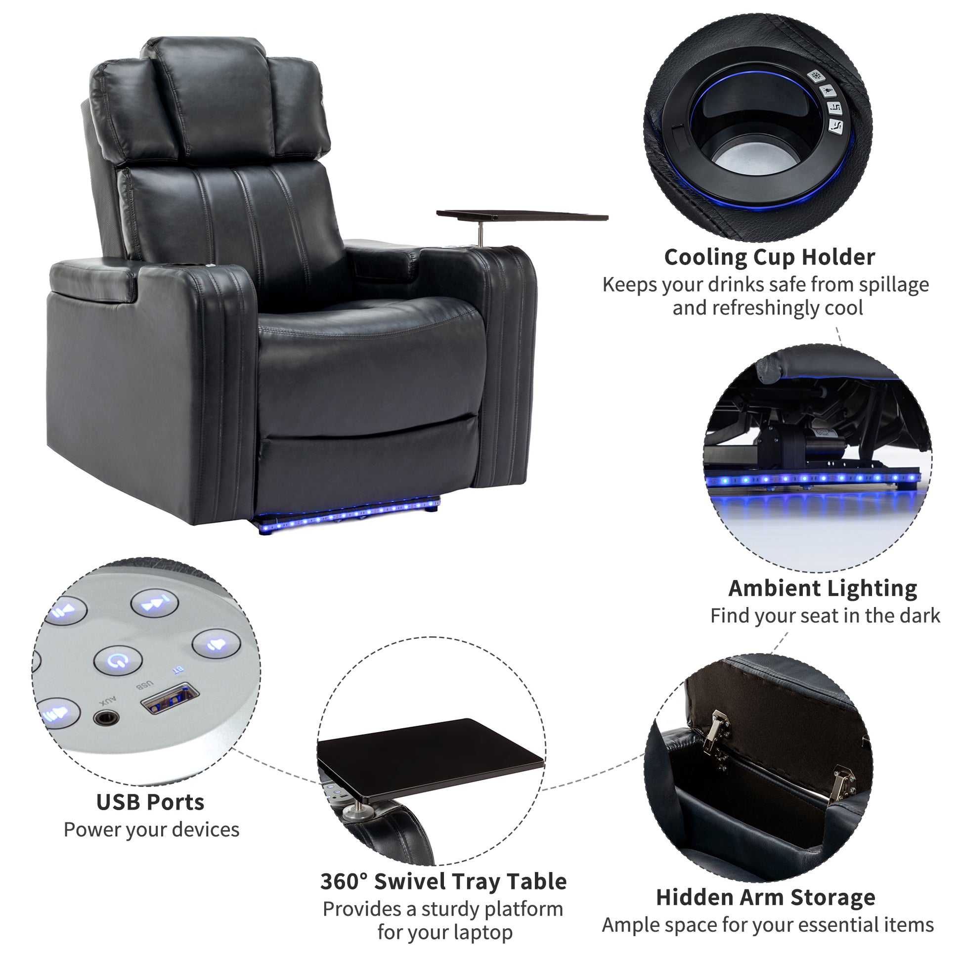 Pu Leather Power Recliner Individual Seat Home Theater Recliner With Cooling Cup Holder, Bluetooth Speaker, Led Lights, Usb Ports, Tray Table, Arm Storage For Living Room, Black Black Foam Pu