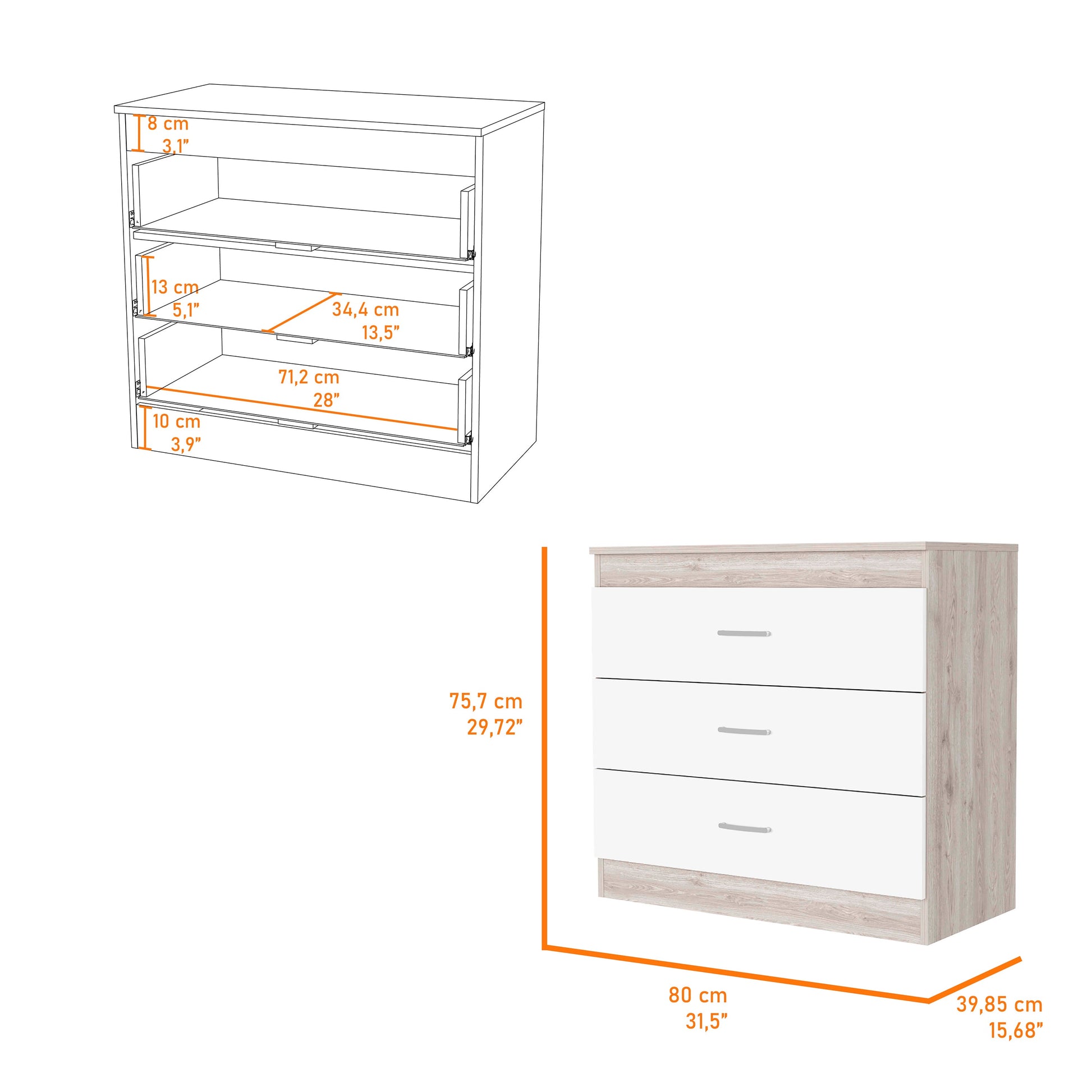 Cambridge Three Drawers Dresser Multicolor Mdf Engineered Wood