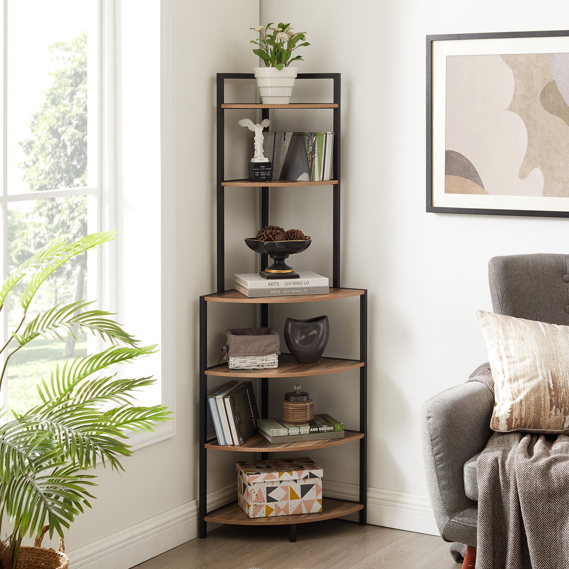 6 Tier Corner Open Shelf Modern Bookcase Wood Rack Freestanding Shelving Unit,Plant Album Trinket Sturdy Stand Small Bookshelf Space Saving For Living Room Home Office Kitchen Small Space Rustic Brown Brown Corner Office American Design,Rustic Metal &