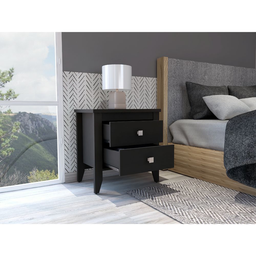 Breeze Four Legged Modern Bedroom Nightstand, With Two Drawers Black Mdf Engineered Wood