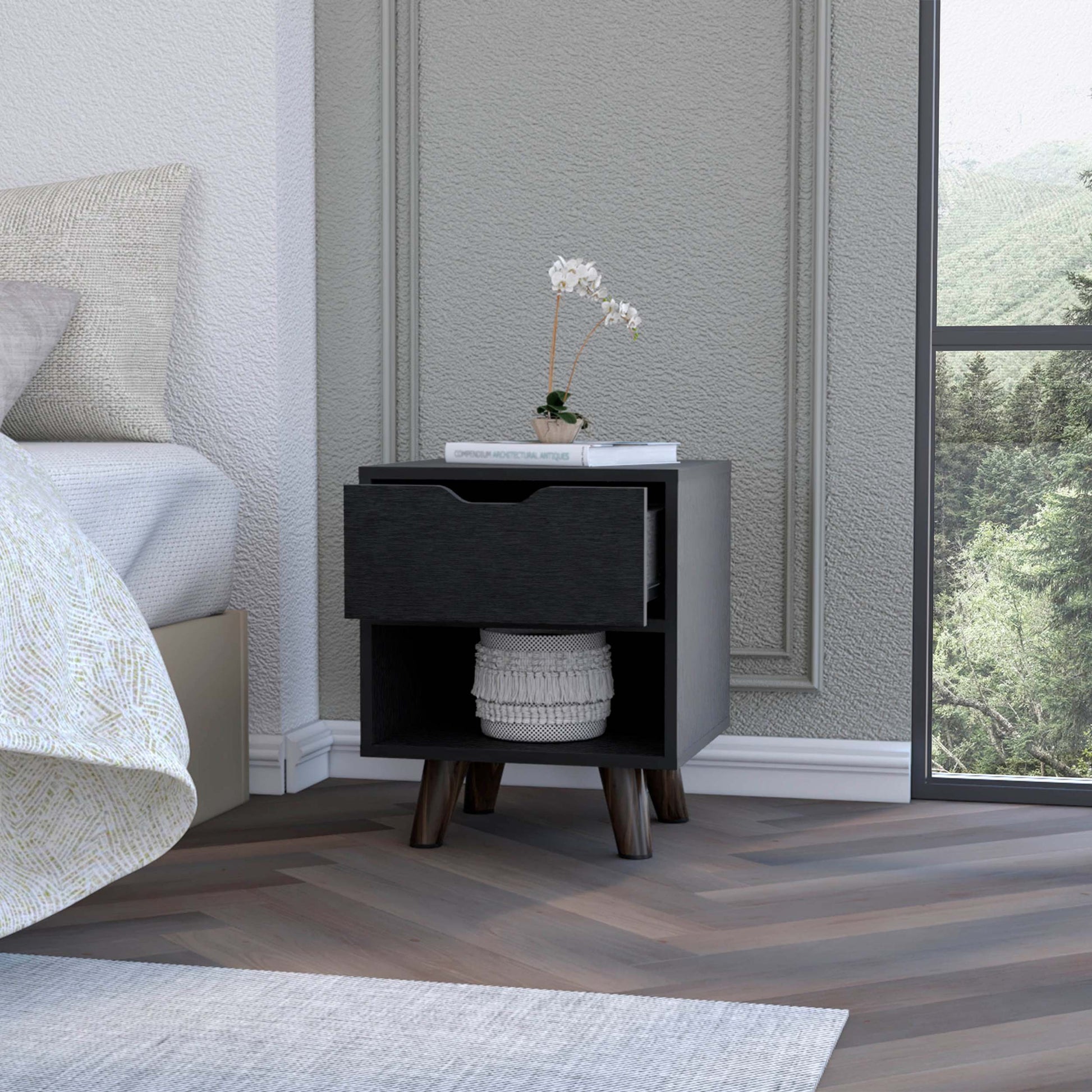 Carthage Nightstand With 1 Drawer, 1 Open Storage Shelf And Wooden Legs Black Mdf Engineered Wood