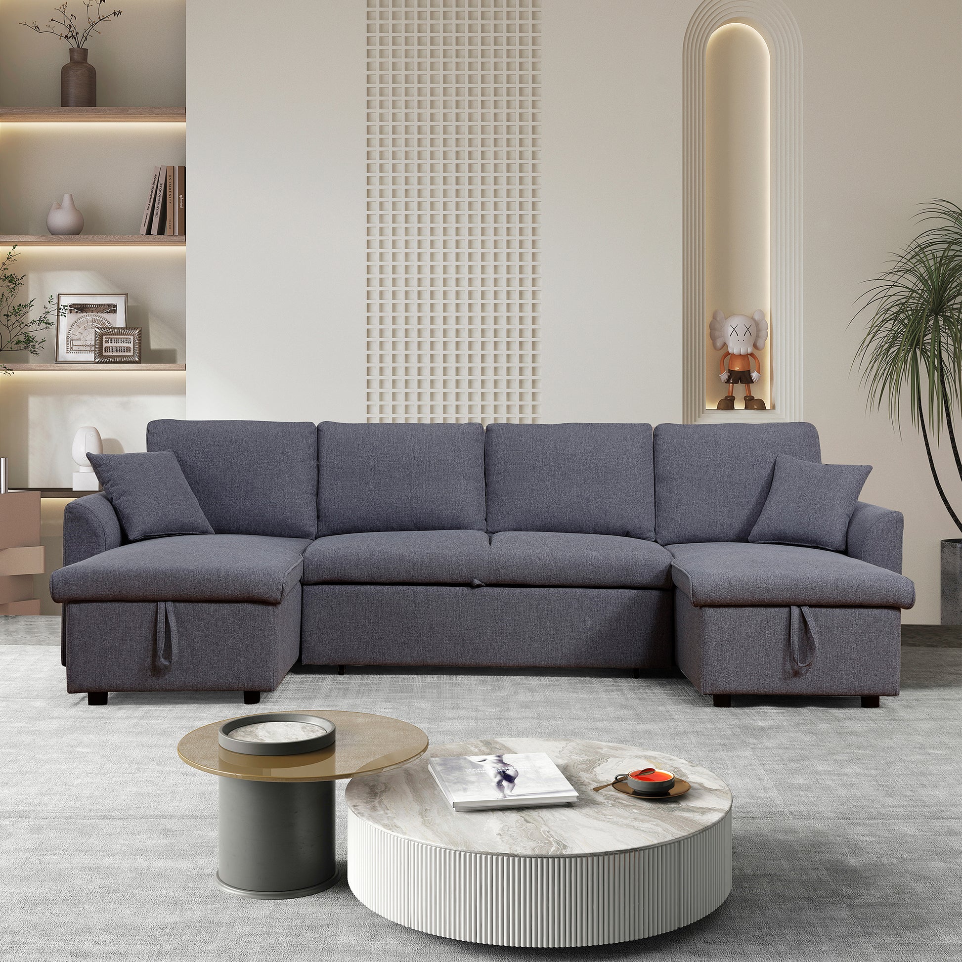 Artemax U Shape Pull Out Sleeper Sectional Sofa With Double Storage Spaces ,Dark Gray Dark Gray Fabric