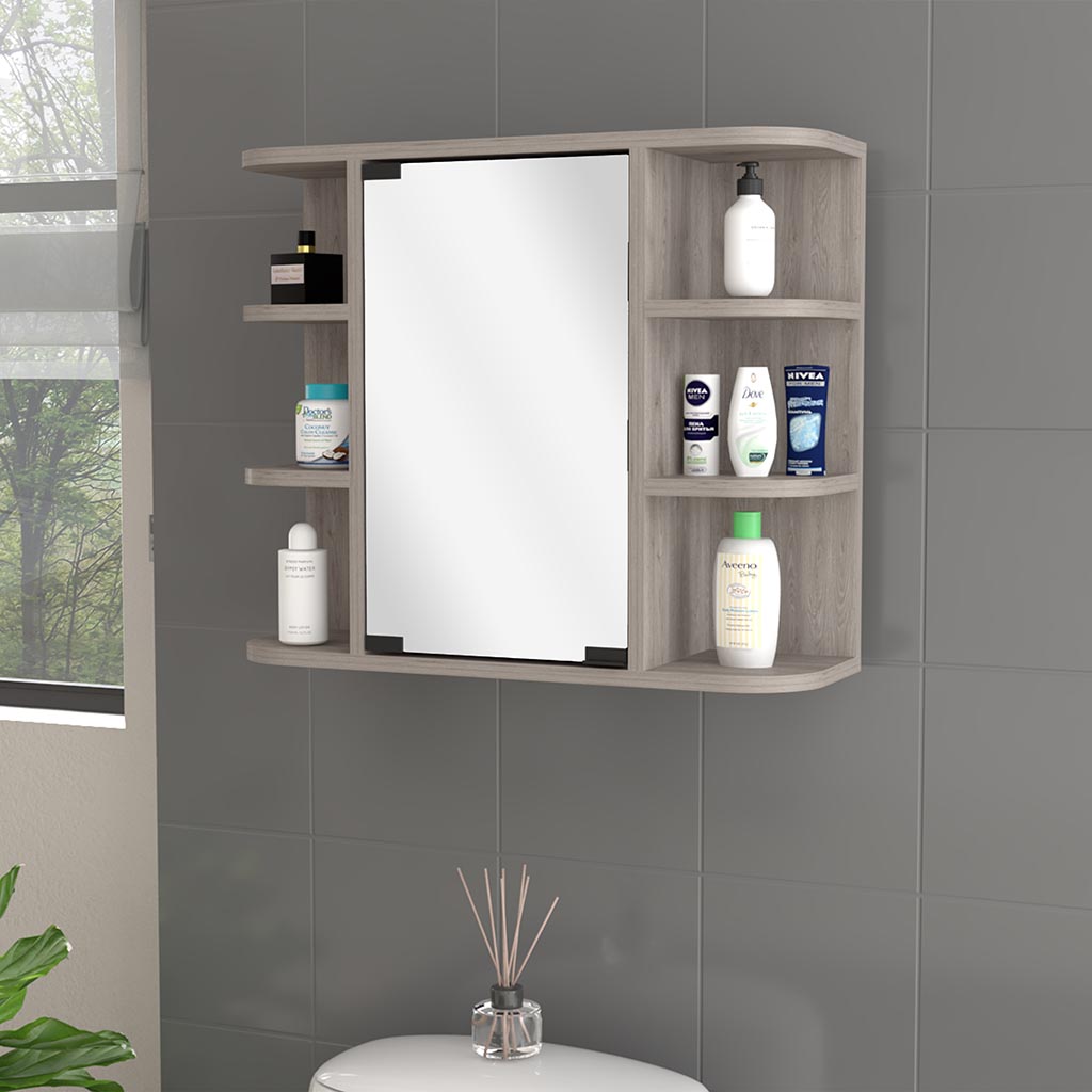 Valdez Medicine Cabinet With Six Shelves, Mirror Cabinet Beige Mdf Engineered Wood