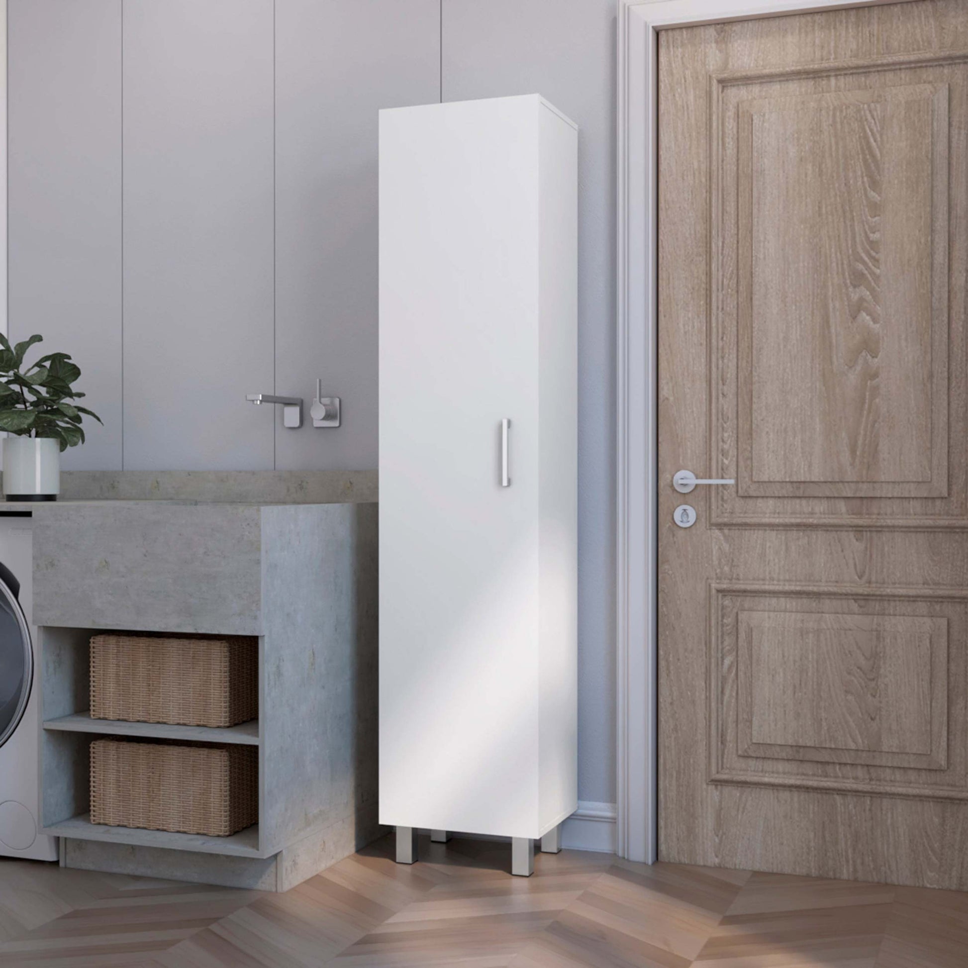 Clarno Tall Storage Cabinet, Single Door With Broom Hangers White Mdf Engineered Wood