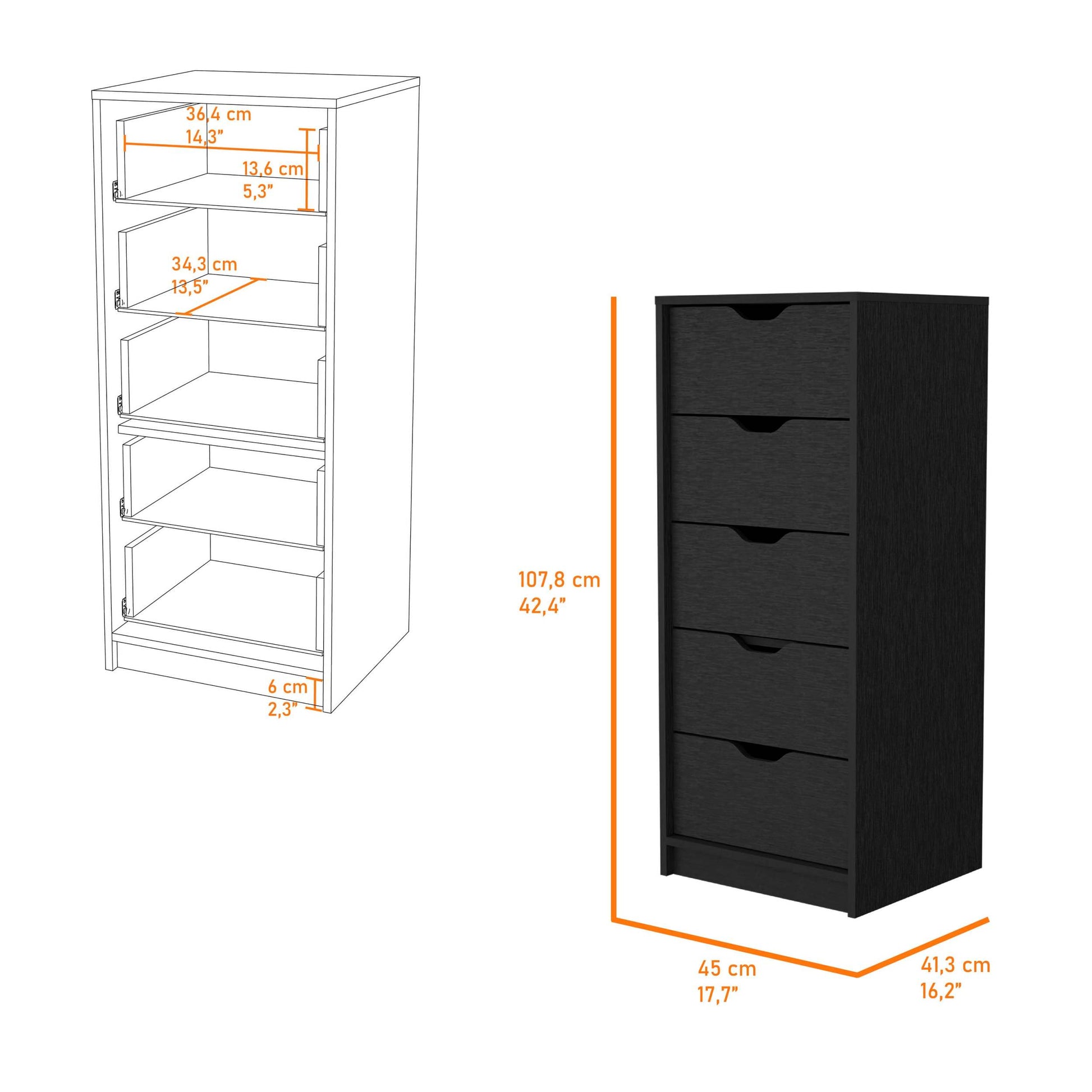 Dillon 5 Narrow Drawer Dresser, Tall Chest Of Drawers Black Mdf Engineered Wood