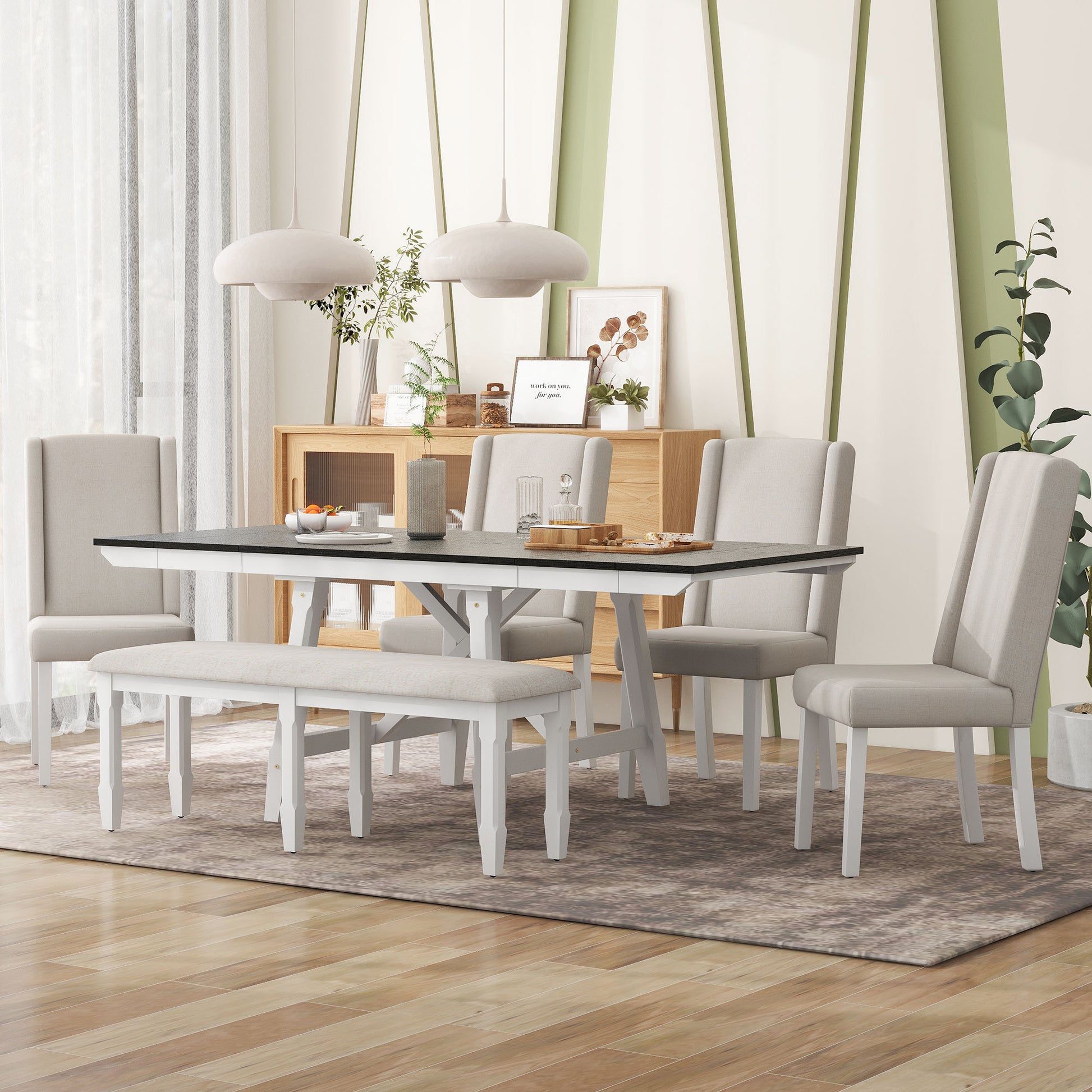 6 Piece Classic Dining Table Set, Rectangular Extendable Dining Table With Two 12"W Removable Leaves And 4 Upholstered Chairs & 1 Bench For Dining Room White Black White Black Solid Wood