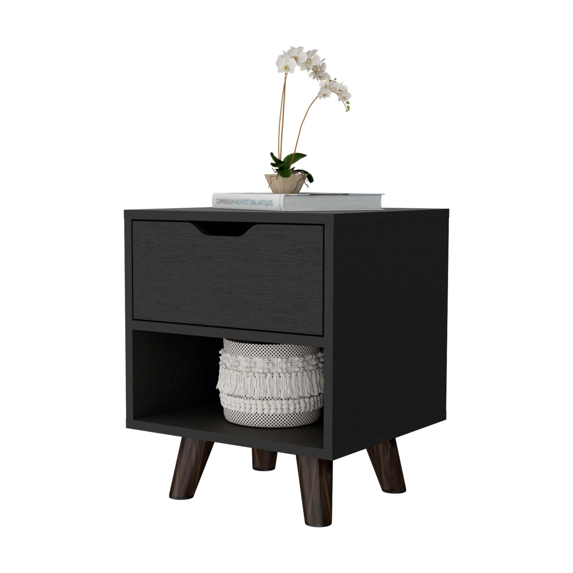 Carthage Nightstand With 1 Drawer, 1 Open Storage Shelf And Wooden Legs Black Mdf Engineered Wood