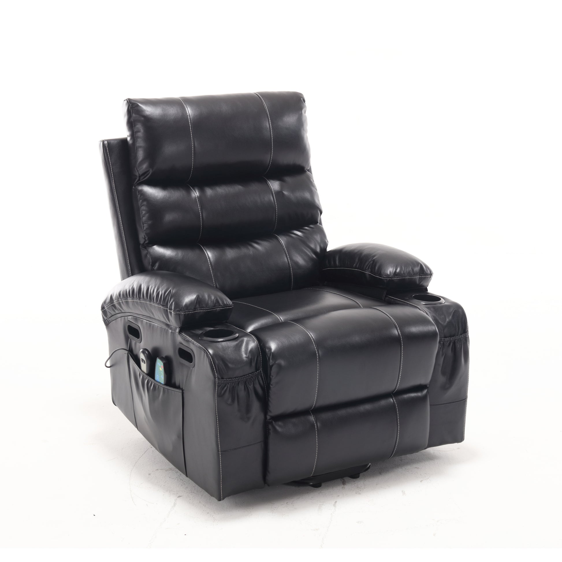 21"Seat Width,Large Size Electric Power Lift Recliner Chair Sofa For Elderly, 8 Point Vibration Massage And Lumber Heat, Remote Control, Side Pockets And Cup Holders, Cozy Fabric, Overstuffed Arm Pu Black Pu