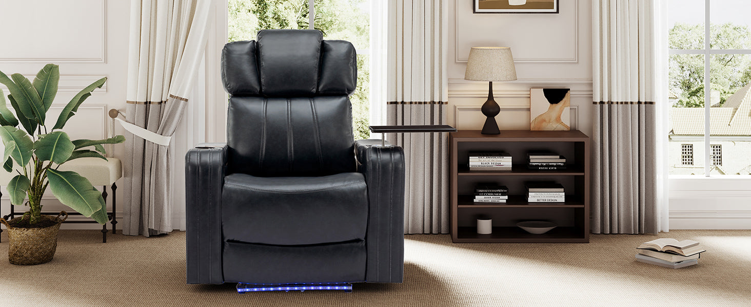 Pu Leather Power Recliner Individual Seat Home Theater Recliner With Cooling Cup Holder, Bluetooth Speaker, Led Lights, Usb Ports, Tray Table, Arm Storage For Living Room, Blue Blue Foam Pu