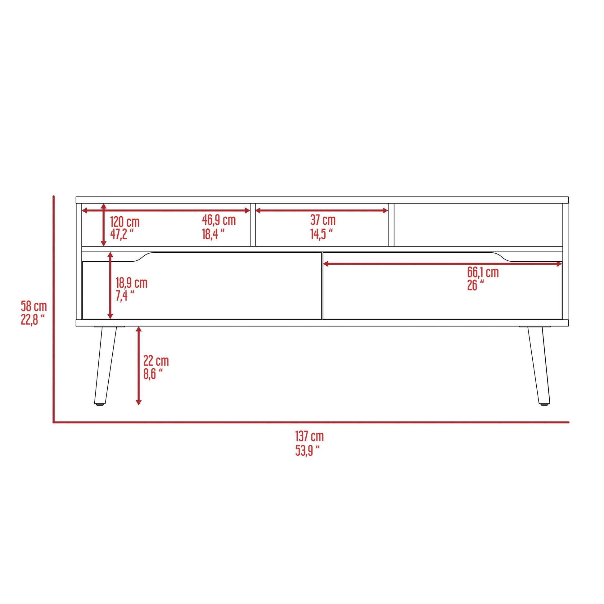 Hamburg Tv Stand For Tv S Up 60", Four Legs, Three Open Shelves Brown Primary Living Space 50 59 Inches 50 59 Inches Contemporary 60 Inches Melamine Engineered Wood