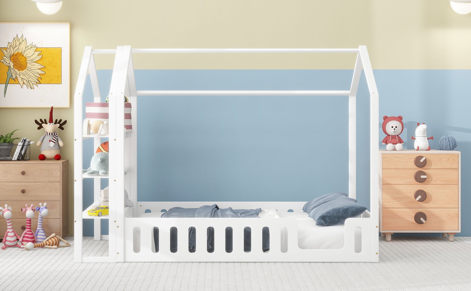 Full Size Wood House Bed With Fence And Detachable Storage Shelves, White Box Spring Not Required Full White Wood Bedroom Bed Frame Solid Wood Mdf